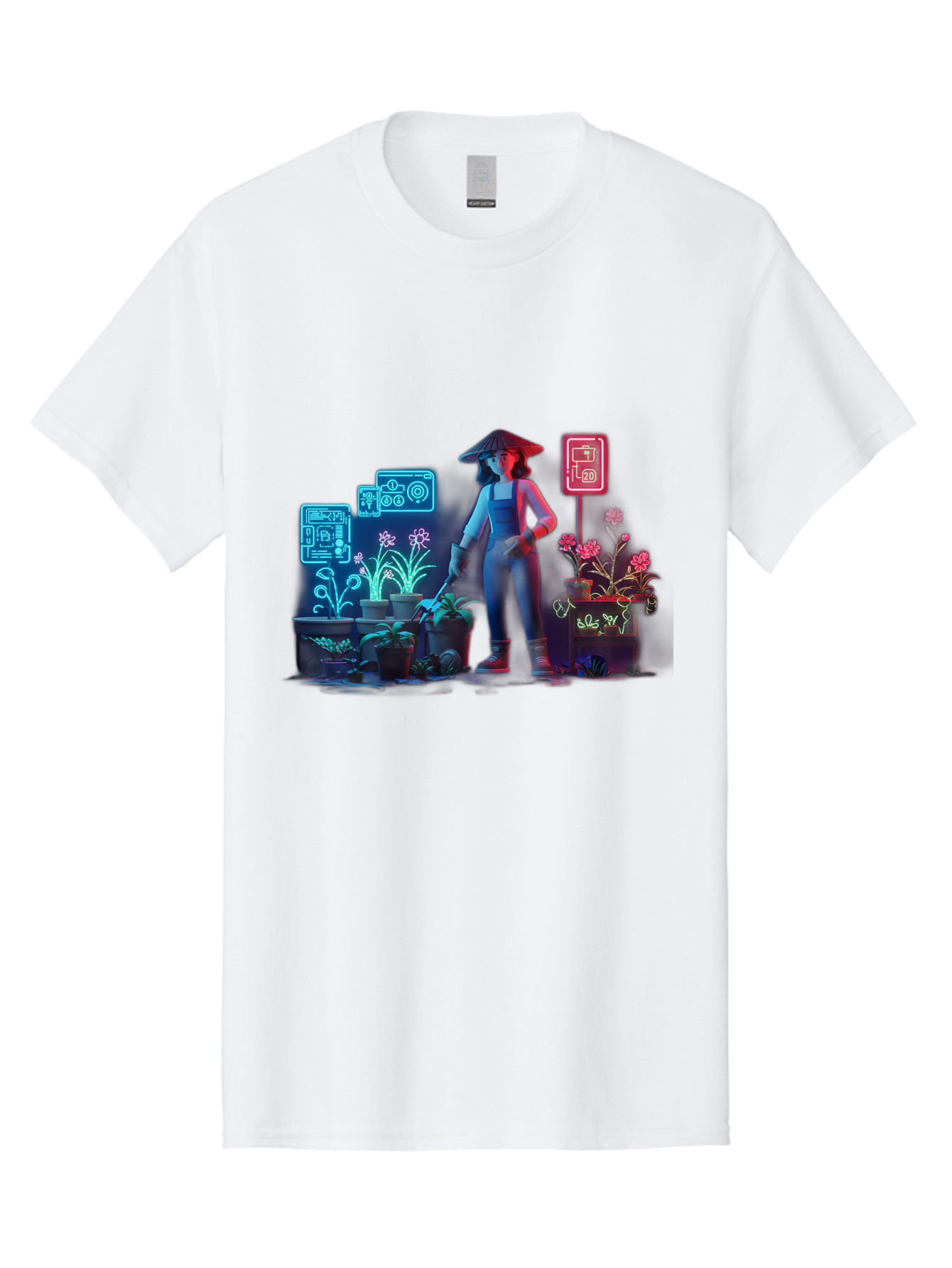 Gardener-1 Men'S Graphic Tee, 100% Cotton, Comfortable Casual Summer Wear, Machine Washable, Woman With Gardening Tool, Potted Plants, Futuristic Neon Signs, Smart Gardening, Innovative Agriculture, Digital Farming, Modern Farmer Baa712