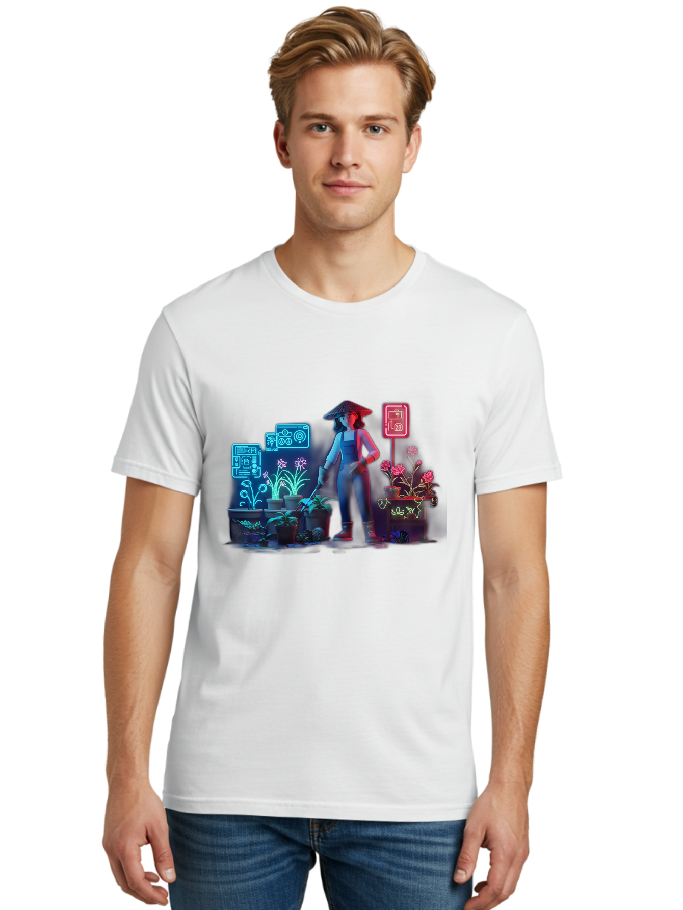 Gardener-1 Men'S Graphic Tee, 100% Cotton, Comfortable Casual Summer Wear, Machine Washable, Woman With Gardening Tool, Potted Plants, Futuristic Neon Signs, Smart Gardening, Innovative Agriculture, Digital Farming, Modern Farmer Baa712
