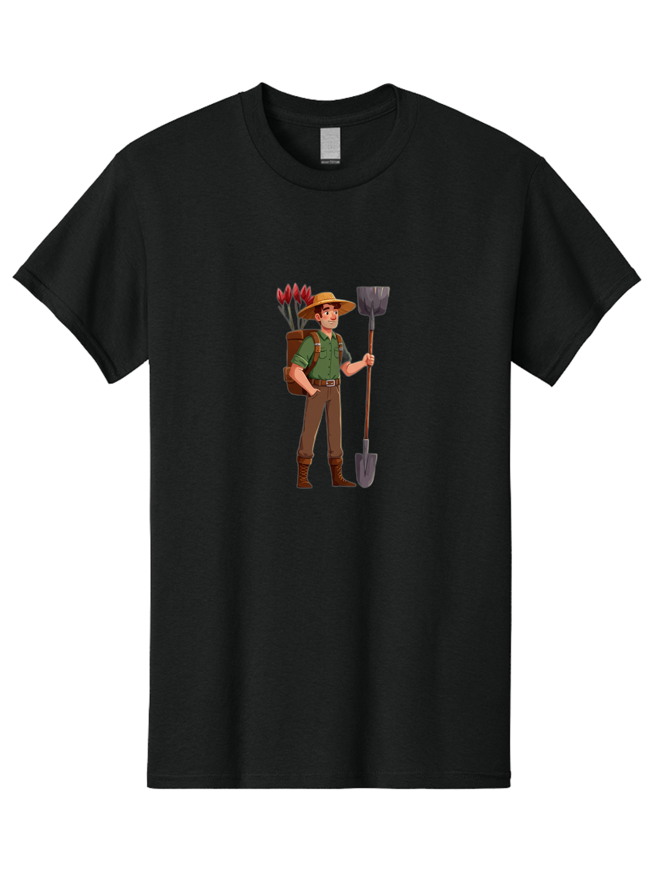 Gardener-2 Men'S Graphic Tee, 100% Cotton, Comfortable Casual Summer Wear, Machine Washable, Gardener Holding Shovel, Gardening Tools, Floral Arrangements, Gardening Hat, Green Shirt, Brown Pants, Boots, Gardening Backpack Baa713