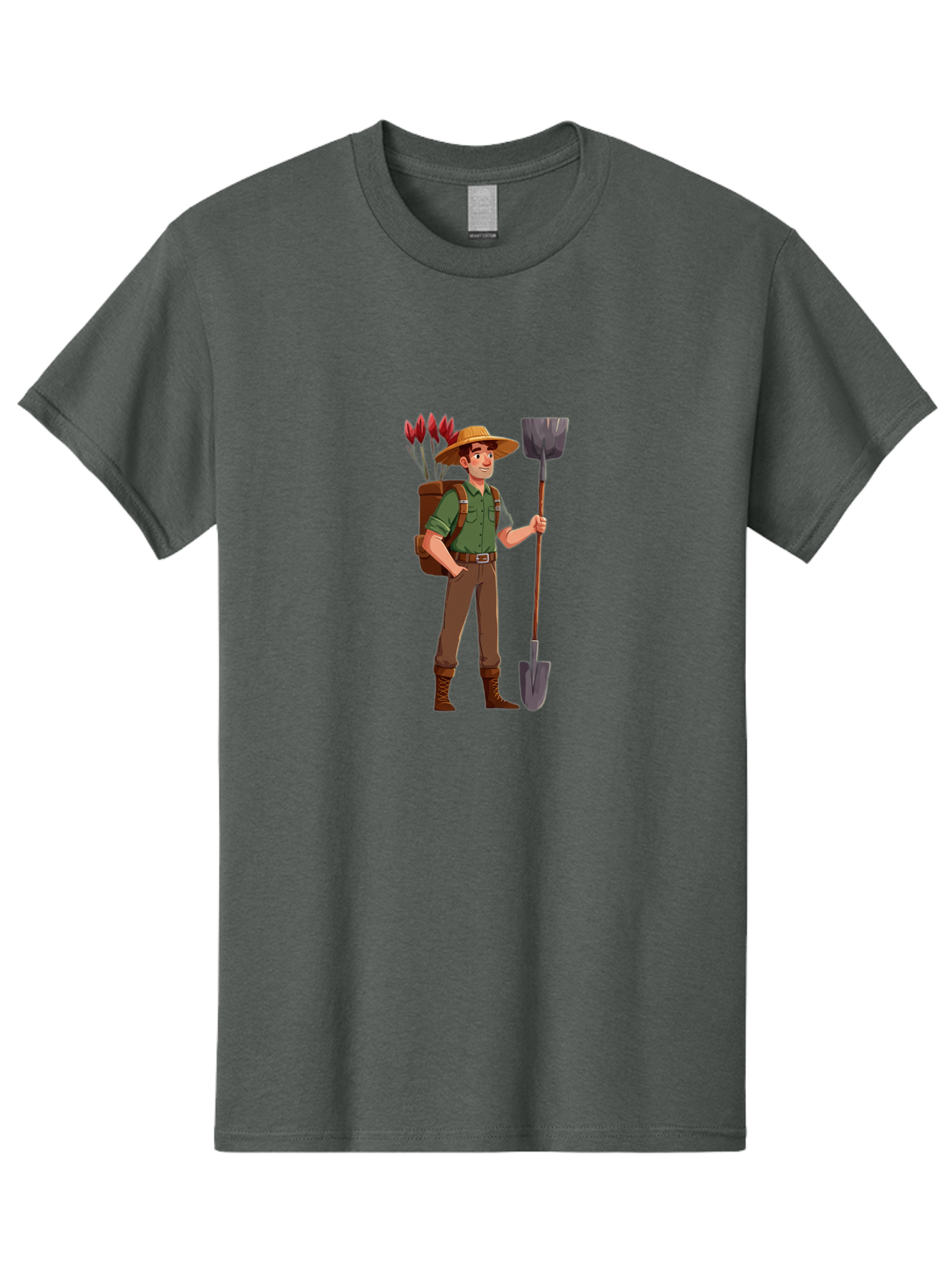 Gardener-2 Men'S Graphic Tee, 100% Cotton, Comfortable Casual Summer Wear, Machine Washable, Gardener Holding Shovel, Gardening Tools, Floral Arrangements, Gardening Hat, Green Shirt, Brown Pants, Boots, Gardening Backpack Baa713