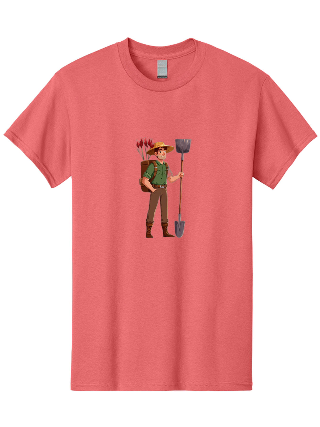 Gardener-2 Men'S Graphic Tee, 100% Cotton, Comfortable Casual Summer Wear, Machine Washable, Gardener Holding Shovel, Gardening Tools, Floral Arrangements, Gardening Hat, Green Shirt, Brown Pants, Boots, Gardening Backpack Baa713
