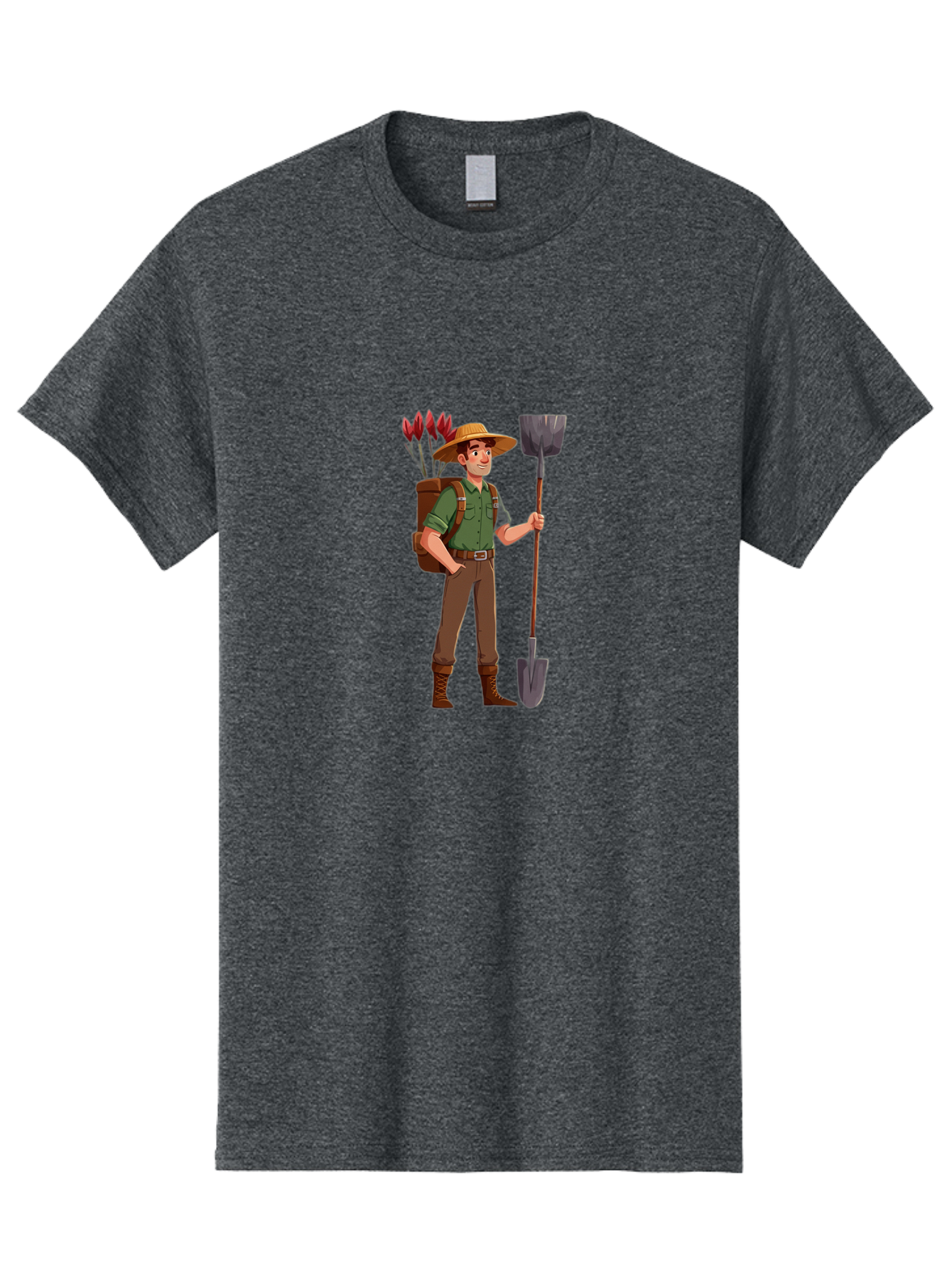 Gardener-2 Men'S Graphic Tee, 100% Cotton, Comfortable Casual Summer Wear, Machine Washable, Gardener Holding Shovel, Gardening Tools, Floral Arrangements, Gardening Hat, Green Shirt, Brown Pants, Boots, Gardening Backpack Baa713