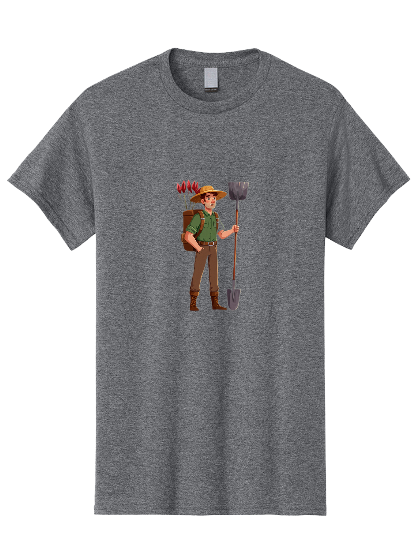 Gardener-2 Men'S Graphic Tee, 100% Cotton, Comfortable Casual Summer Wear, Machine Washable, Gardener Holding Shovel, Gardening Tools, Floral Arrangements, Gardening Hat, Green Shirt, Brown Pants, Boots, Gardening Backpack Baa713