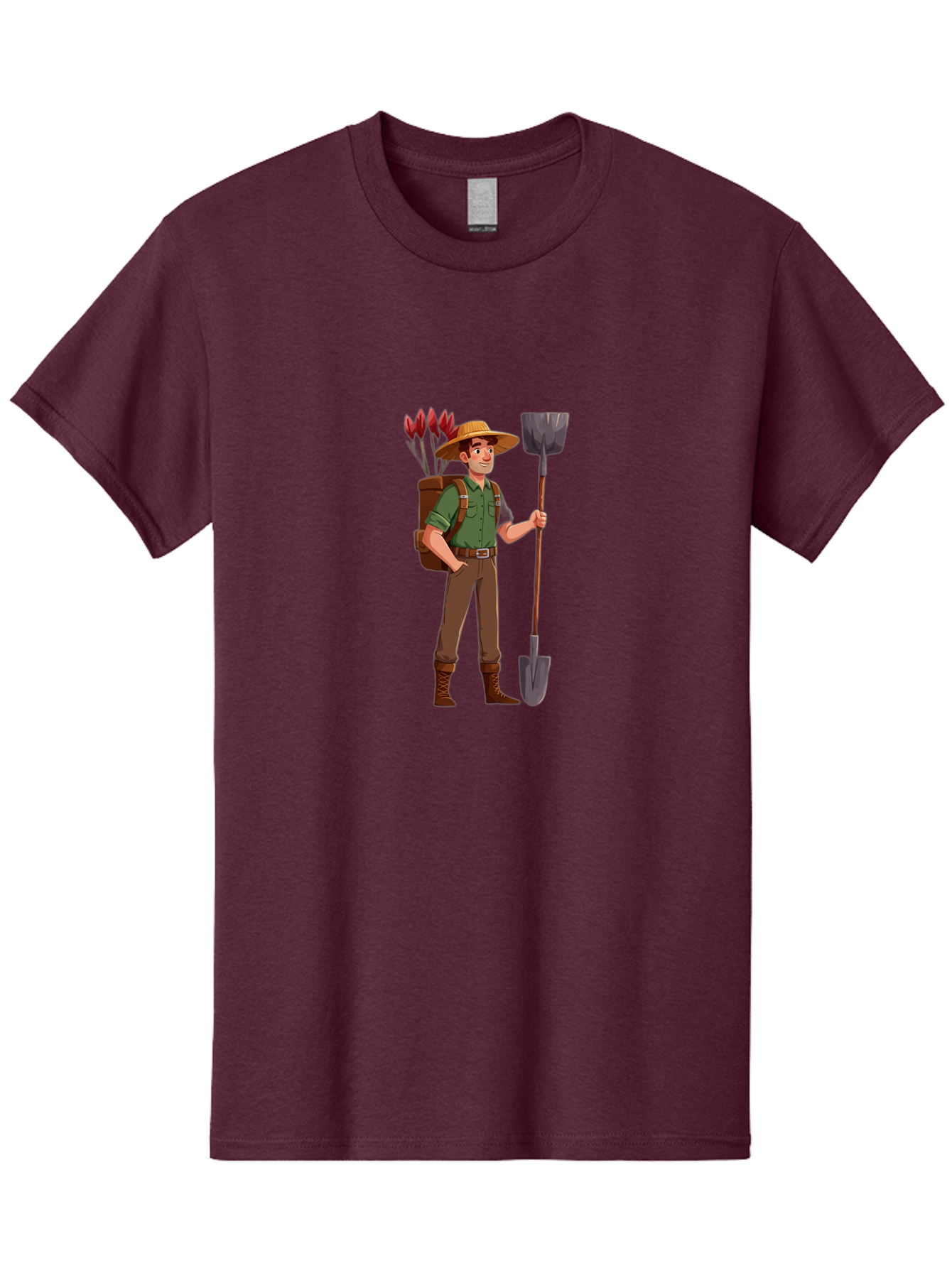Gardener-2 Men'S Graphic Tee, 100% Cotton, Comfortable Casual Summer Wear, Machine Washable, Gardener Holding Shovel, Gardening Tools, Floral Arrangements, Gardening Hat, Green Shirt, Brown Pants, Boots, Gardening Backpack Baa713