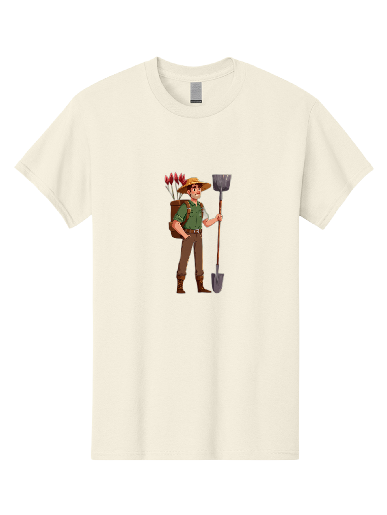 Gardener-2 Men'S Graphic Tee, 100% Cotton, Comfortable Casual Summer Wear, Machine Washable, Gardener Holding Shovel, Gardening Tools, Floral Arrangements, Gardening Hat, Green Shirt, Brown Pants, Boots, Gardening Backpack Baa713