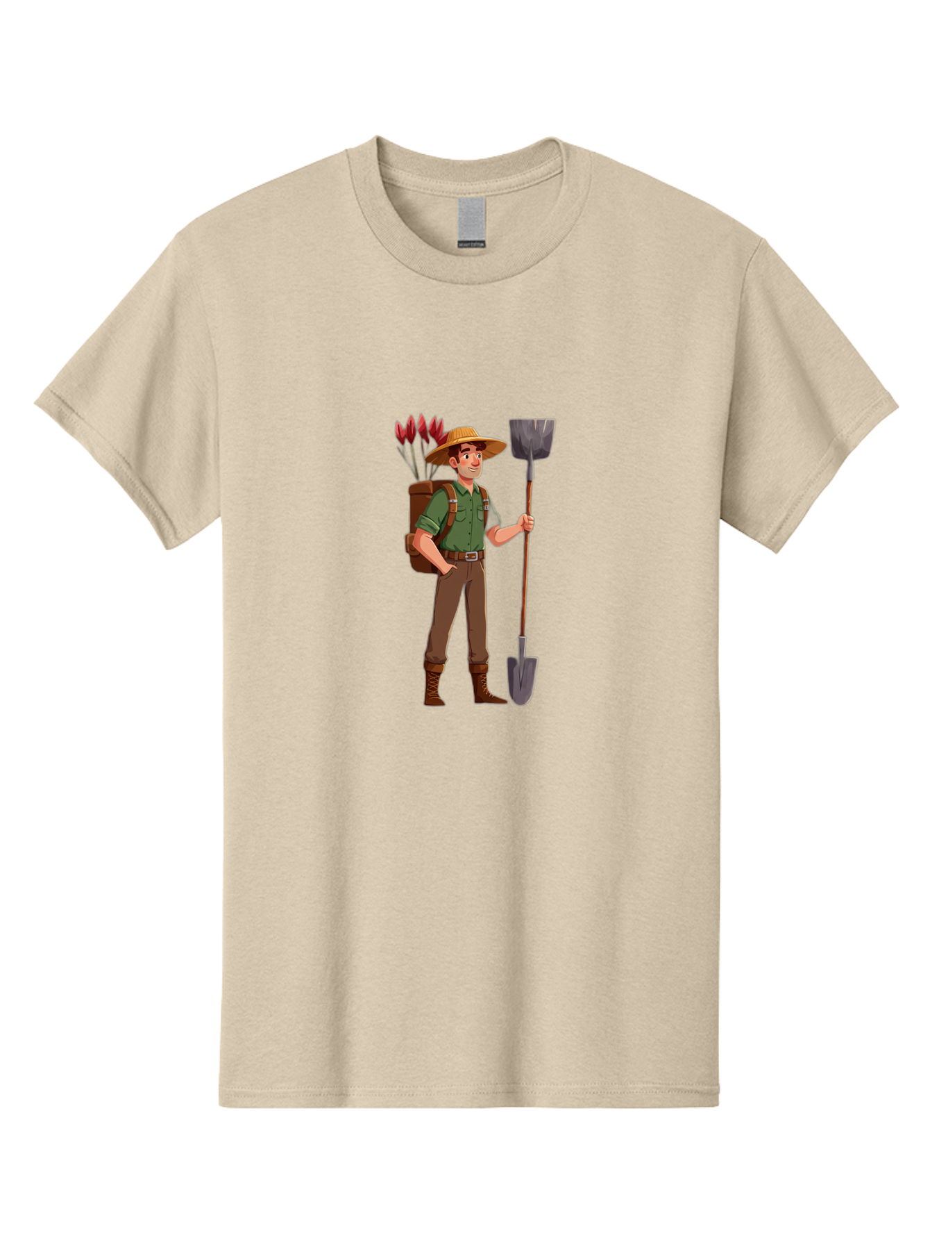 Gardener-2 Men'S Graphic Tee, 100% Cotton, Comfortable Casual Summer Wear, Machine Washable, Gardener Holding Shovel, Gardening Tools, Floral Arrangements, Gardening Hat, Green Shirt, Brown Pants, Boots, Gardening Backpack Baa713