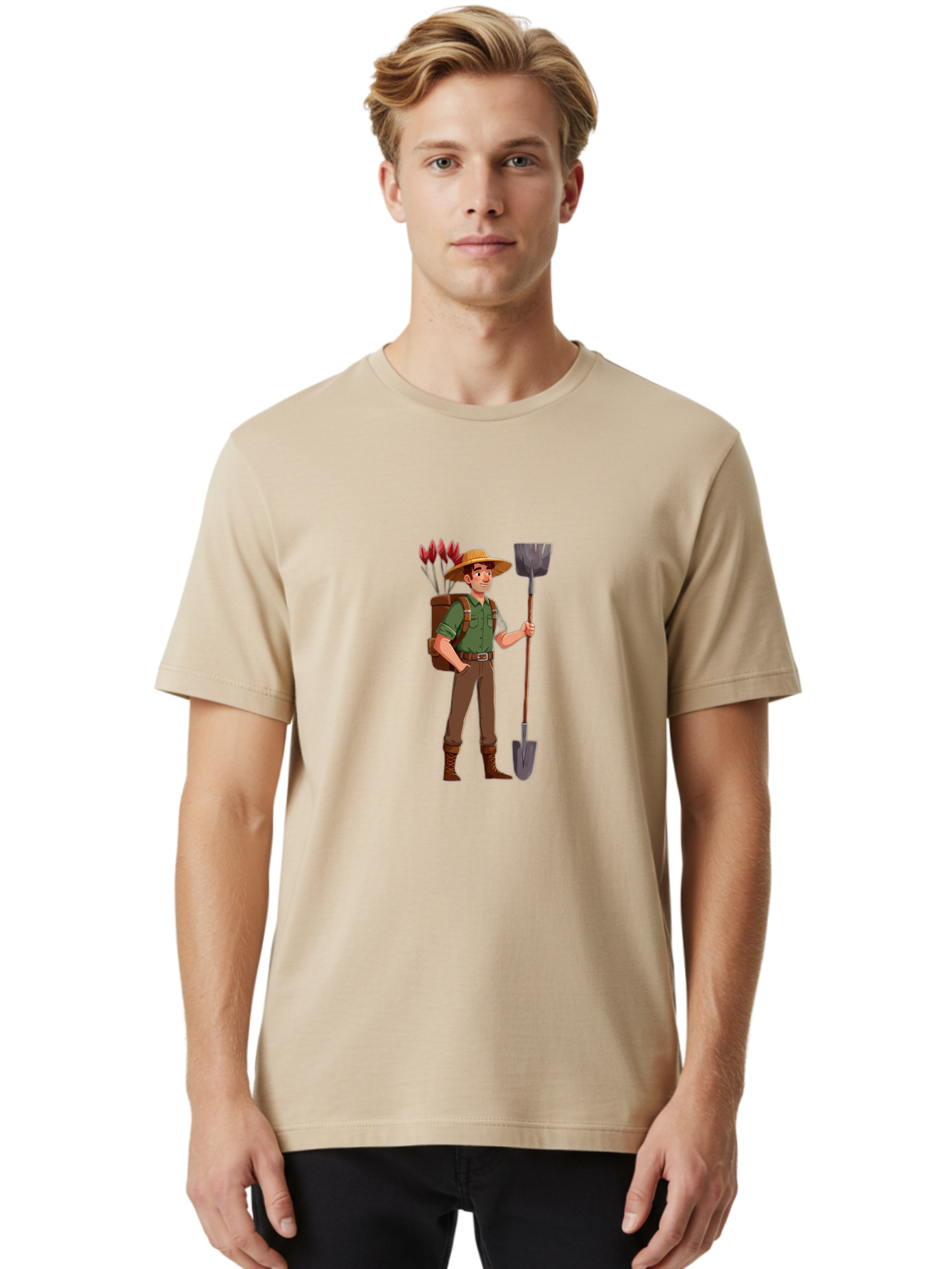 Gardener-2 Men'S Graphic Tee, 100% Cotton, Comfortable Casual Summer Wear, Machine Washable, Gardener Holding Shovel, Gardening Tools, Floral Arrangements, Gardening Hat, Green Shirt, Brown Pants, Boots, Gardening Backpack Baa713