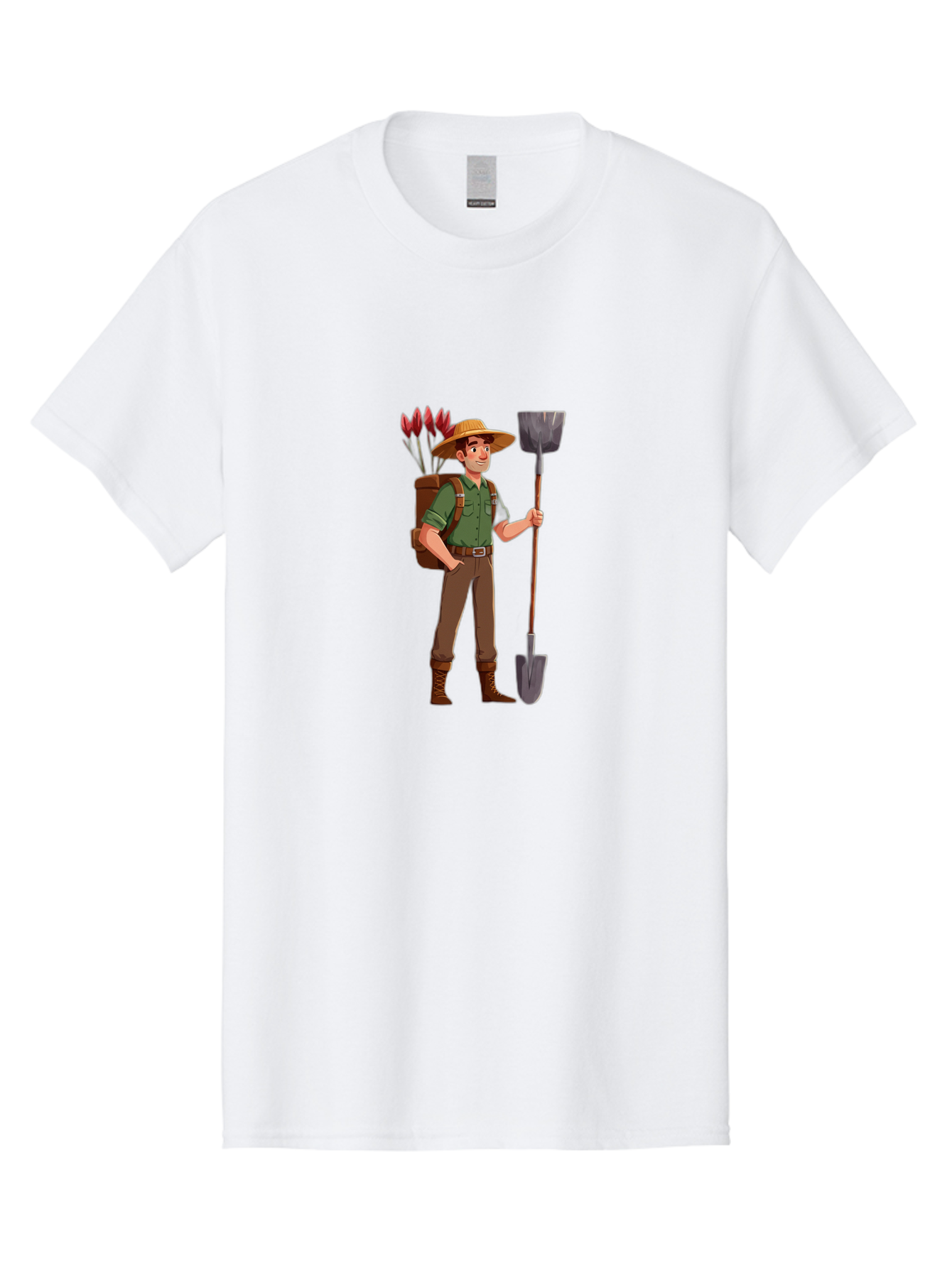 Gardener-2 Men'S Graphic Tee, 100% Cotton, Comfortable Casual Summer Wear, Machine Washable, Gardener Holding Shovel, Gardening Tools, Floral Arrangements, Gardening Hat, Green Shirt, Brown Pants, Boots, Gardening Backpack Baa713