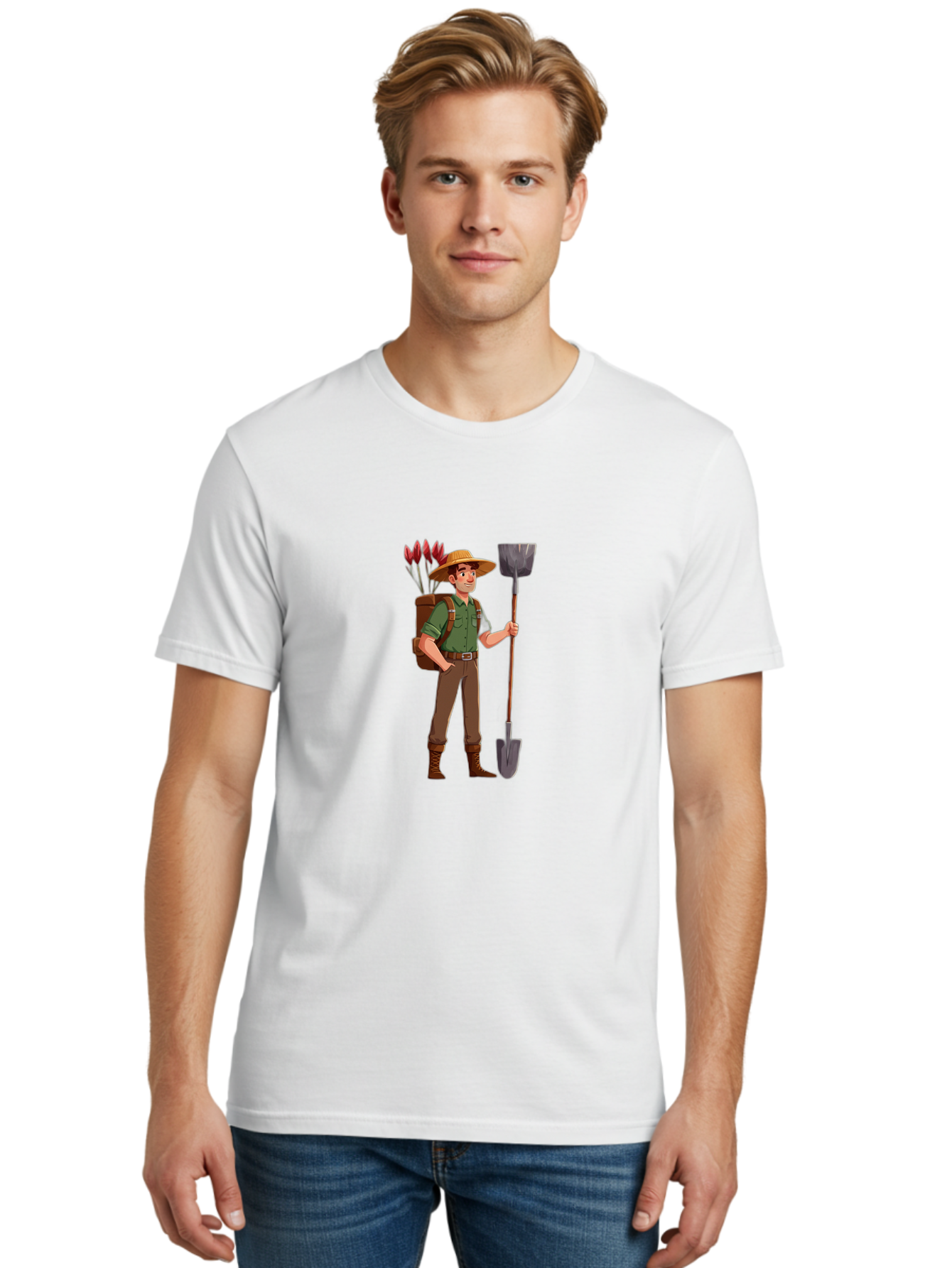 Gardener-2 Men'S Graphic Tee, 100% Cotton, Comfortable Casual Summer Wear, Machine Washable, Gardener Holding Shovel, Gardening Tools, Floral Arrangements, Gardening Hat, Green Shirt, Brown Pants, Boots, Gardening Backpack Baa713