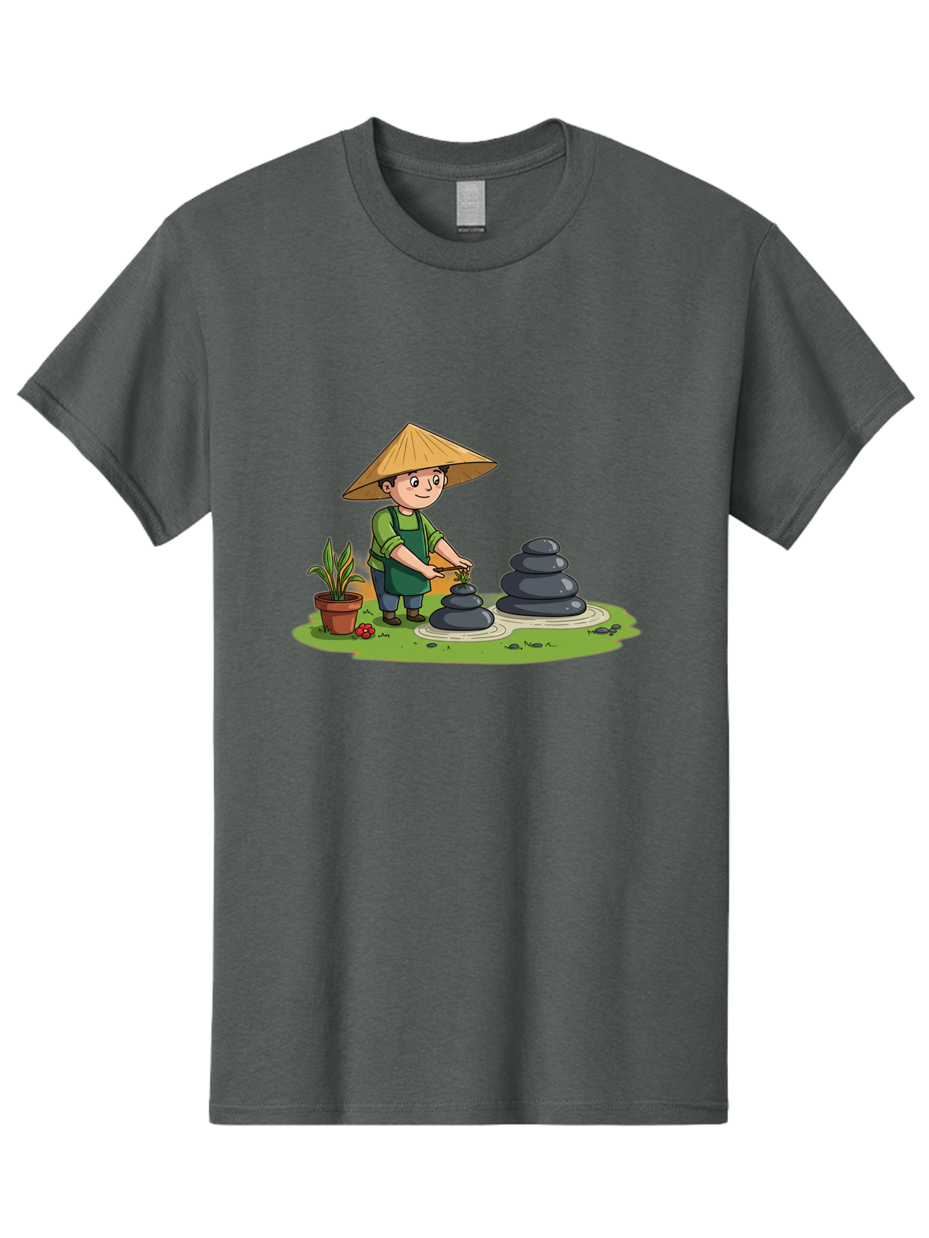 Gardener-Creating-Zen-Garden Men'S Graphic Tee, 100% Cotton, Comfortable Casual Summer Wear, Machine Washable, Gardener Wearing Traditional Hat, Stacking Stones, Zen Garden, Peaceful Atmosphere, Outdoor Scenery, Natural Beauty, Gardening, Baa714