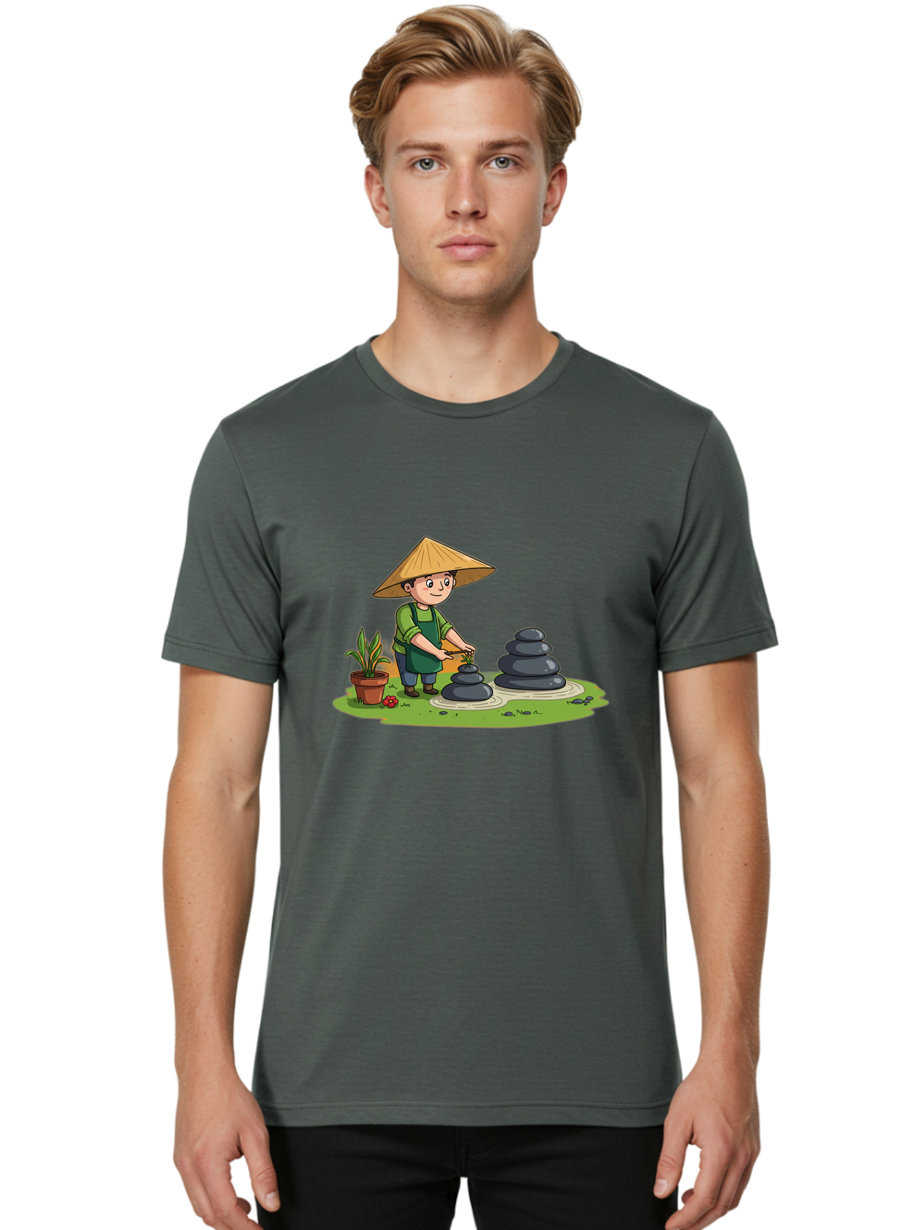Gardener-Creating-Zen-Garden Men'S Graphic Tee, 100% Cotton, Comfortable Casual Summer Wear, Machine Washable, Gardener Wearing Traditional Hat, Stacking Stones, Zen Garden, Peaceful Atmosphere, Outdoor Scenery, Natural Beauty, Gardening, Baa714