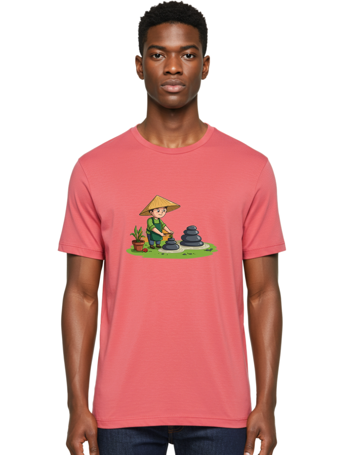 Gardener-Creating-Zen-Garden Men'S Graphic Tee, 100% Cotton, Comfortable Casual Summer Wear, Machine Washable, Gardener Wearing Traditional Hat, Stacking Stones, Zen Garden, Peaceful Atmosphere, Outdoor Scenery, Natural Beauty, Gardening, Baa714
