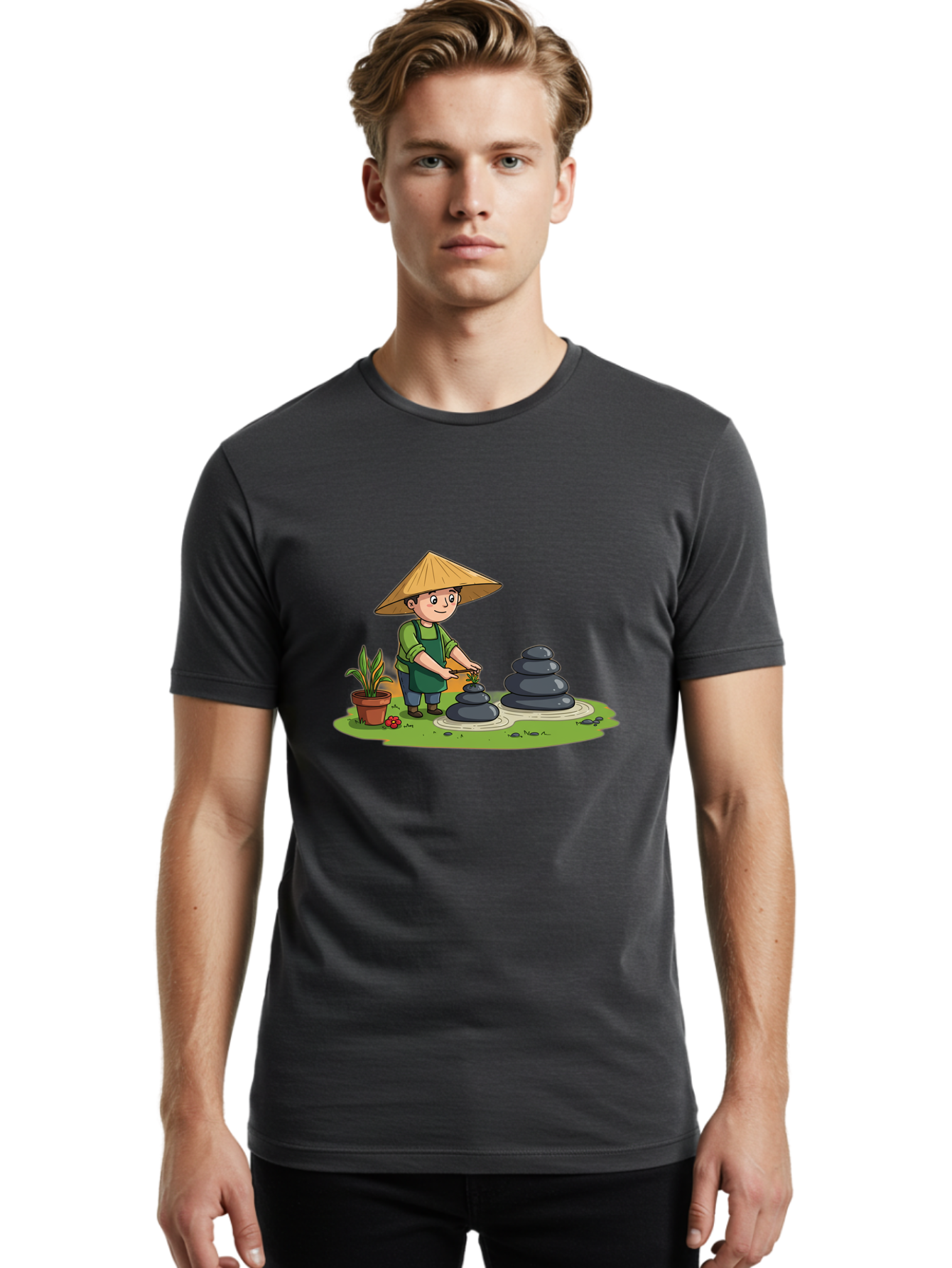 Gardener-Creating-Zen-Garden Men'S Graphic Tee, 100% Cotton, Comfortable Casual Summer Wear, Machine Washable, Gardener Wearing Traditional Hat, Stacking Stones, Zen Garden, Peaceful Atmosphere, Outdoor Scenery, Natural Beauty, Gardening, Baa714