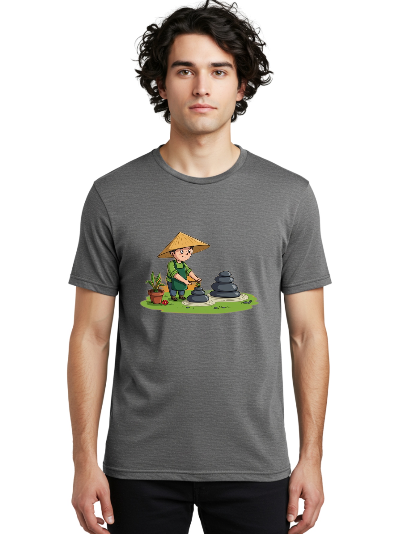 Gardener-Creating-Zen-Garden Men'S Graphic Tee, 100% Cotton, Comfortable Casual Summer Wear, Machine Washable, Gardener Wearing Traditional Hat, Stacking Stones, Zen Garden, Peaceful Atmosphere, Outdoor Scenery, Natural Beauty, Gardening, Baa714