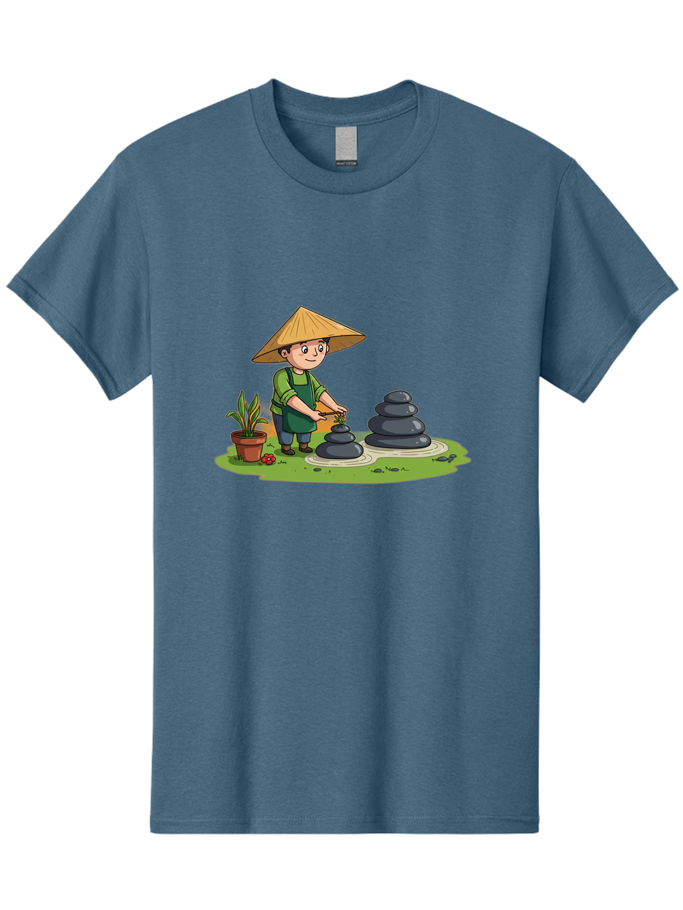 Gardener-Creating-Zen-Garden Men'S Graphic Tee, 100% Cotton, Comfortable Casual Summer Wear, Machine Washable, Gardener Wearing Traditional Hat, Stacking Stones, Zen Garden, Peaceful Atmosphere, Outdoor Scenery, Natural Beauty, Gardening, Baa714