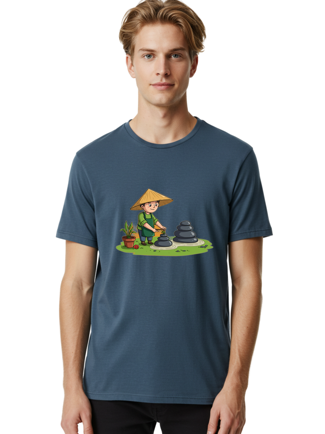 Gardener-Creating-Zen-Garden Men'S Graphic Tee, 100% Cotton, Comfortable Casual Summer Wear, Machine Washable, Gardener Wearing Traditional Hat, Stacking Stones, Zen Garden, Peaceful Atmosphere, Outdoor Scenery, Natural Beauty, Gardening, Baa714