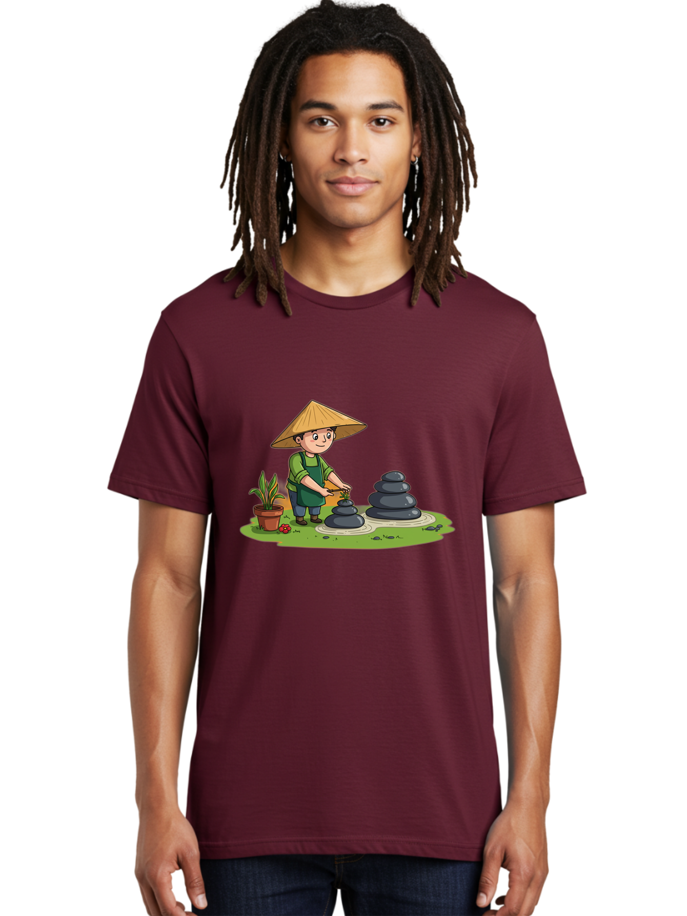 Gardener-Creating-Zen-Garden Men'S Graphic Tee, 100% Cotton, Comfortable Casual Summer Wear, Machine Washable, Gardener Wearing Traditional Hat, Stacking Stones, Zen Garden, Peaceful Atmosphere, Outdoor Scenery, Natural Beauty, Gardening, Baa714