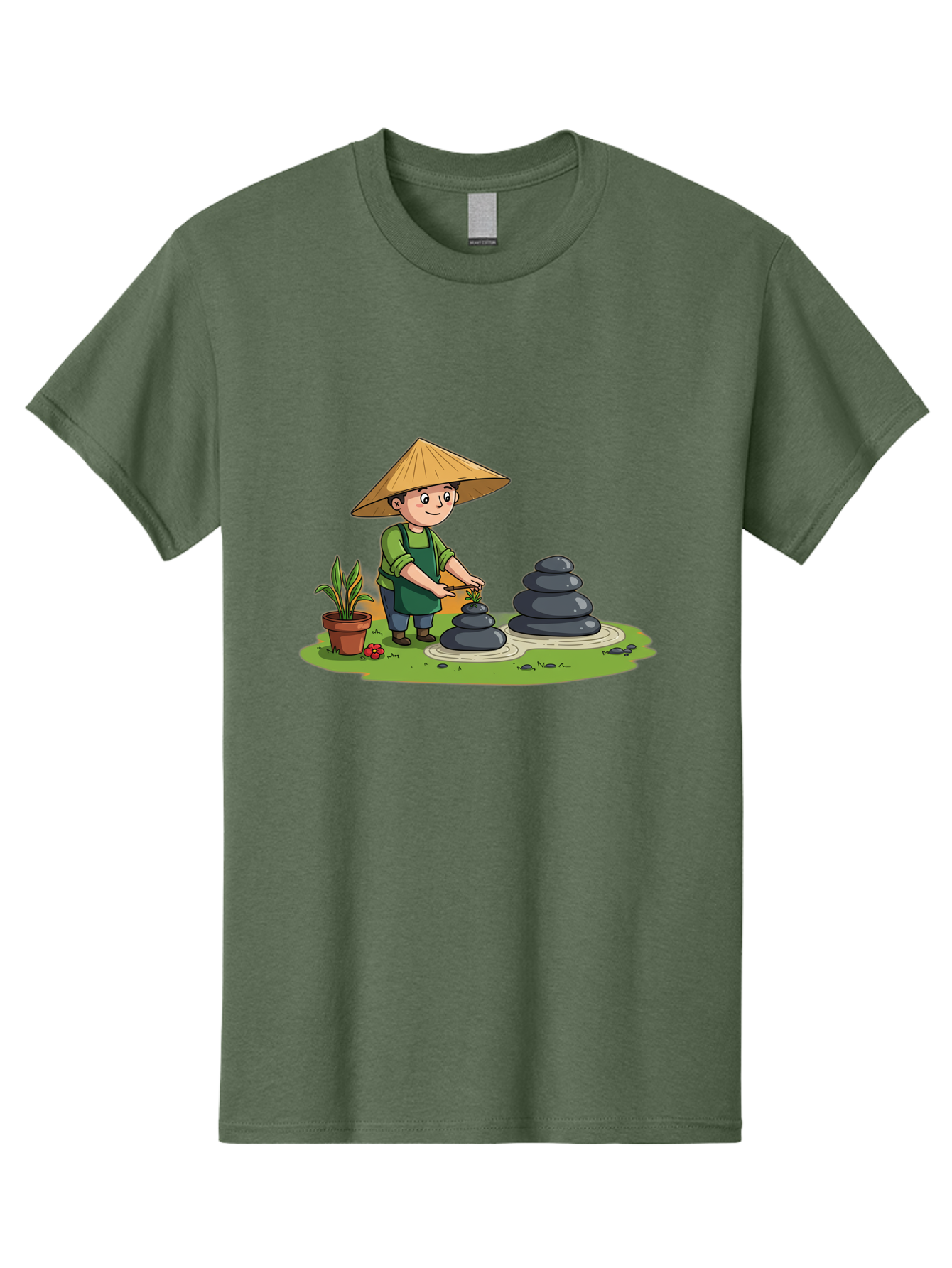 Gardener-Creating-Zen-Garden Men'S Graphic Tee, 100% Cotton, Comfortable Casual Summer Wear, Machine Washable, Gardener Wearing Traditional Hat, Stacking Stones, Zen Garden, Peaceful Atmosphere, Outdoor Scenery, Natural Beauty, Gardening, Baa714