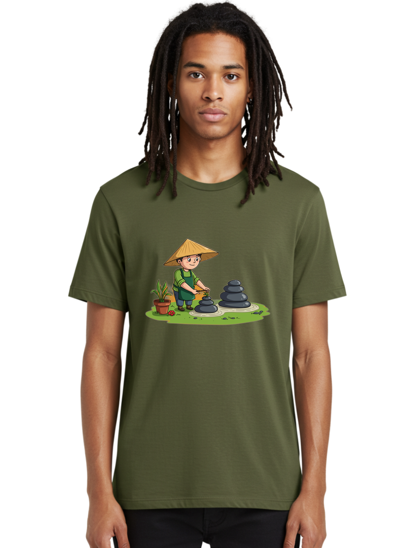 Gardener-Creating-Zen-Garden Men'S Graphic Tee, 100% Cotton, Comfortable Casual Summer Wear, Machine Washable, Gardener Wearing Traditional Hat, Stacking Stones, Zen Garden, Peaceful Atmosphere, Outdoor Scenery, Natural Beauty, Gardening, Baa714
