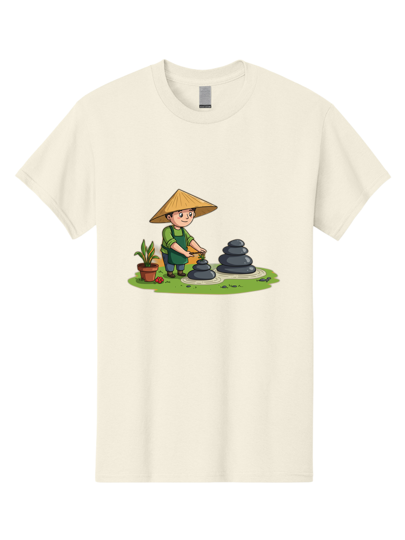 Gardener-Creating-Zen-Garden Men'S Graphic Tee, 100% Cotton, Comfortable Casual Summer Wear, Machine Washable, Gardener Wearing Traditional Hat, Stacking Stones, Zen Garden, Peaceful Atmosphere, Outdoor Scenery, Natural Beauty, Gardening, Baa714