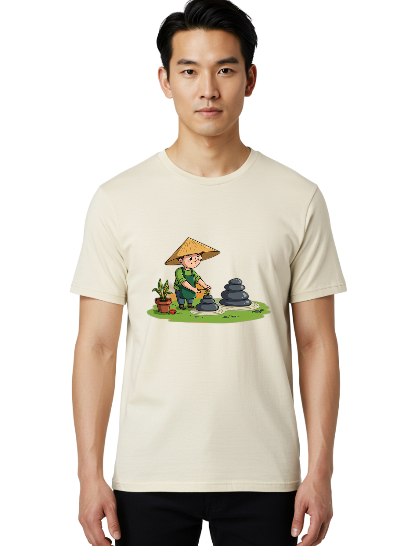 Gardener-Creating-Zen-Garden Men'S Graphic Tee, 100% Cotton, Comfortable Casual Summer Wear, Machine Washable, Gardener Wearing Traditional Hat, Stacking Stones, Zen Garden, Peaceful Atmosphere, Outdoor Scenery, Natural Beauty, Gardening, Baa714