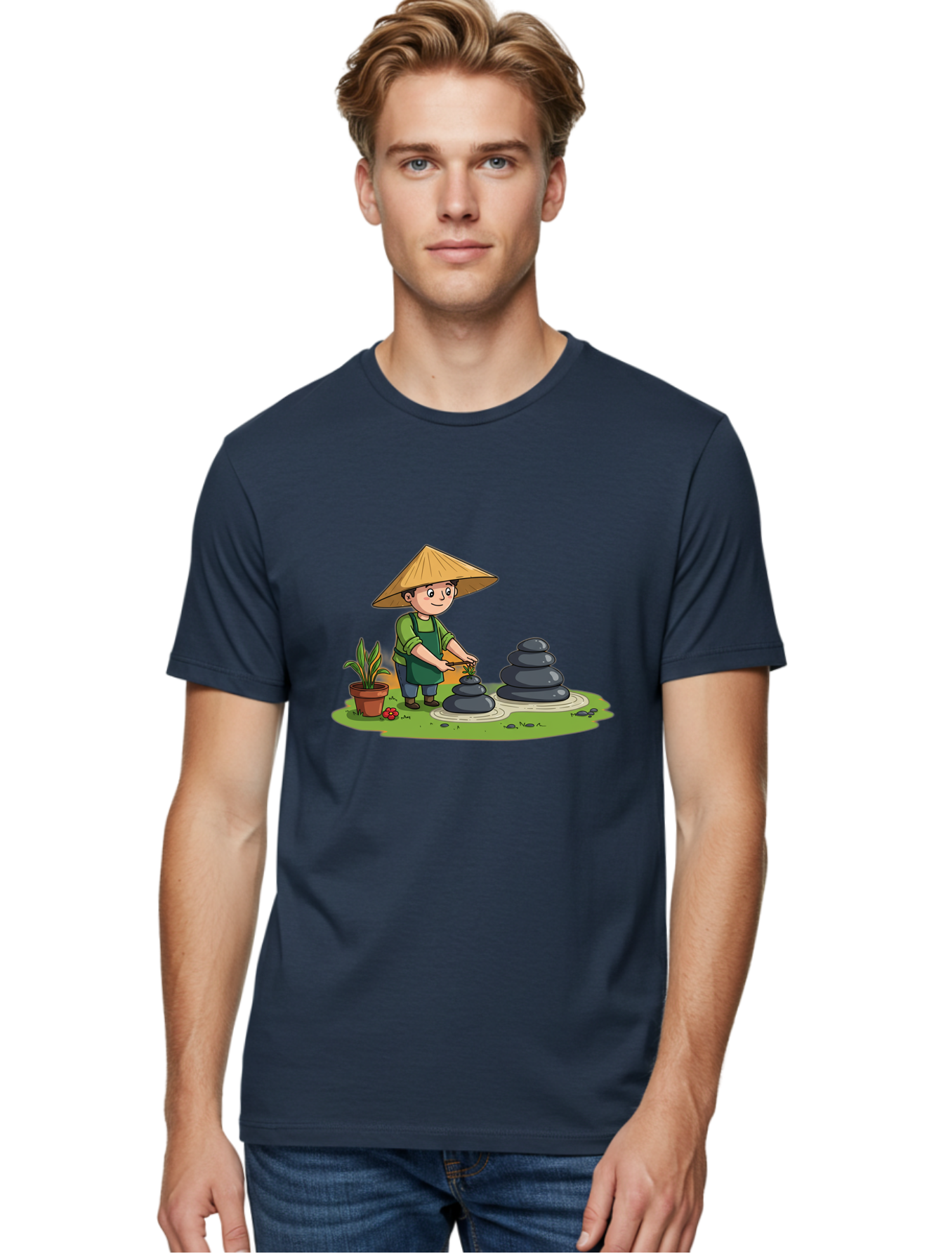 Gardener-Creating-Zen-Garden Men'S Graphic Tee, 100% Cotton, Comfortable Casual Summer Wear, Machine Washable, Gardener Wearing Traditional Hat, Stacking Stones, Zen Garden, Peaceful Atmosphere, Outdoor Scenery, Natural Beauty, Gardening, Baa714