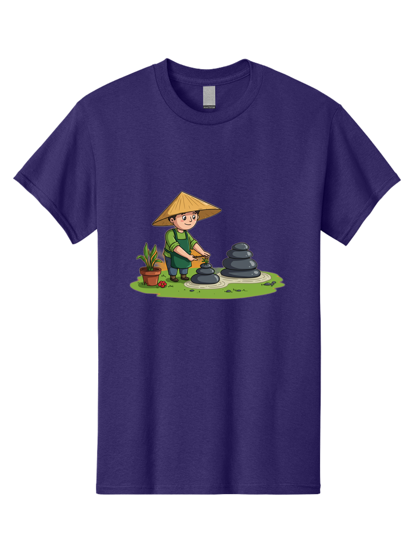 Gardener-Creating-Zen-Garden Men'S Graphic Tee, 100% Cotton, Comfortable Casual Summer Wear, Machine Washable, Gardener Wearing Traditional Hat, Stacking Stones, Zen Garden, Peaceful Atmosphere, Outdoor Scenery, Natural Beauty, Gardening, Baa714