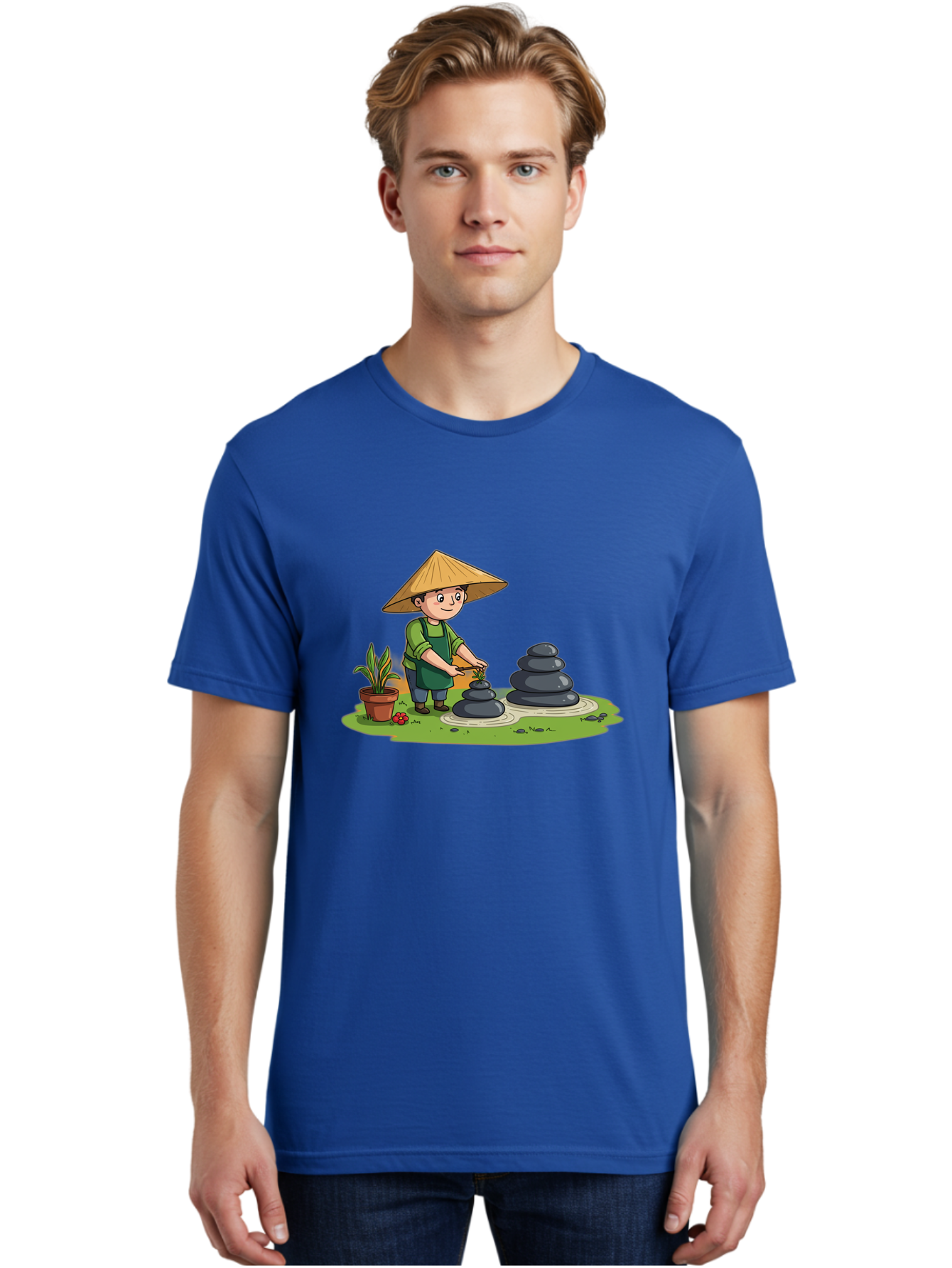 Gardener-Creating-Zen-Garden Men'S Graphic Tee, 100% Cotton, Comfortable Casual Summer Wear, Machine Washable, Gardener Wearing Traditional Hat, Stacking Stones, Zen Garden, Peaceful Atmosphere, Outdoor Scenery, Natural Beauty, Gardening, Baa714