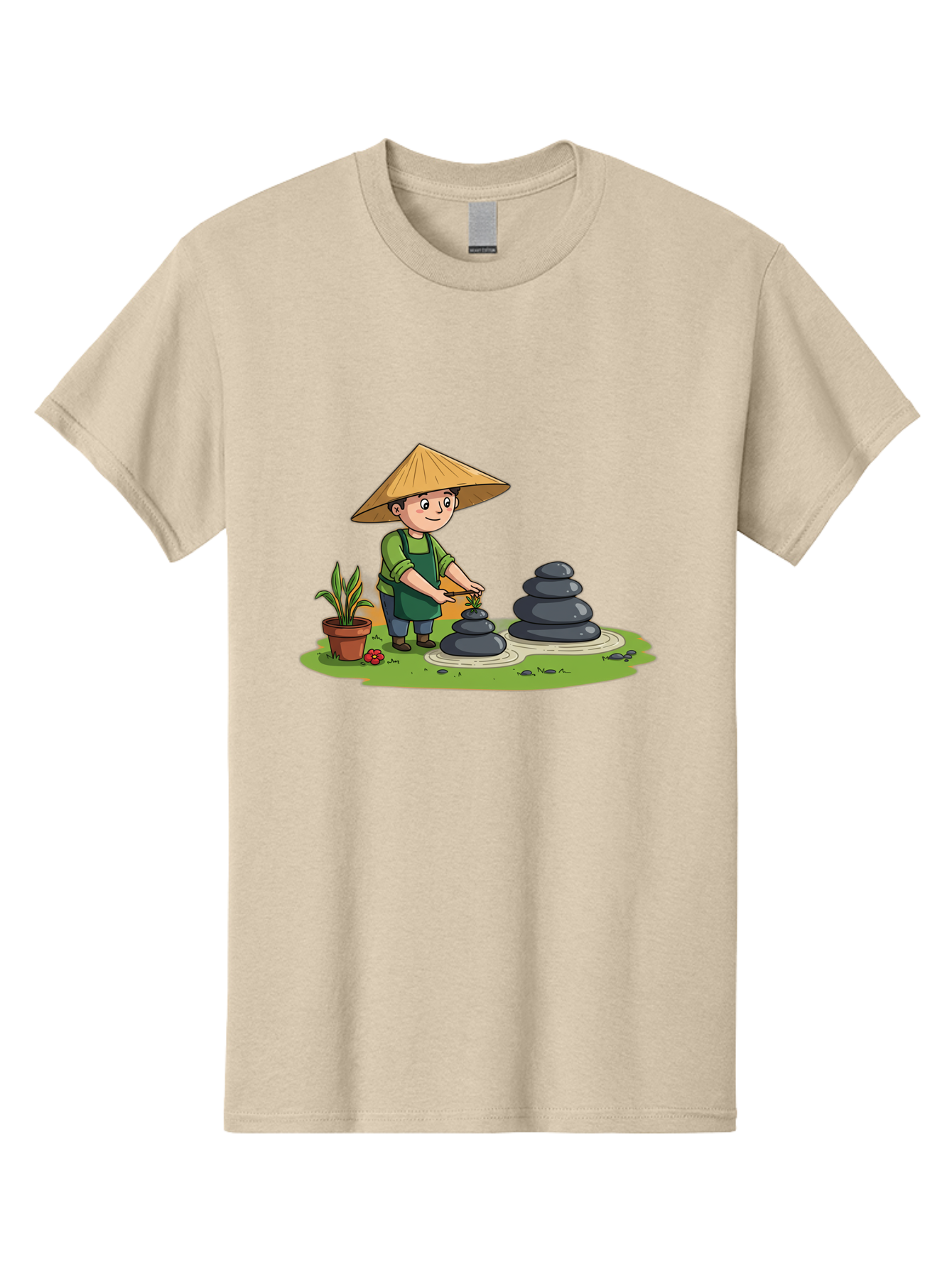 Gardener-Creating-Zen-Garden Men'S Graphic Tee, 100% Cotton, Comfortable Casual Summer Wear, Machine Washable, Gardener Wearing Traditional Hat, Stacking Stones, Zen Garden, Peaceful Atmosphere, Outdoor Scenery, Natural Beauty, Gardening, Baa714