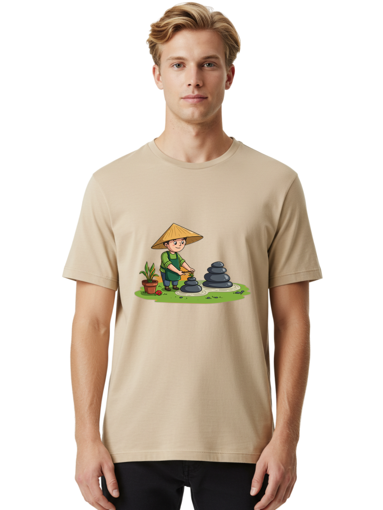 Gardener-Creating-Zen-Garden Men'S Graphic Tee, 100% Cotton, Comfortable Casual Summer Wear, Machine Washable, Gardener Wearing Traditional Hat, Stacking Stones, Zen Garden, Peaceful Atmosphere, Outdoor Scenery, Natural Beauty, Gardening, Baa714
