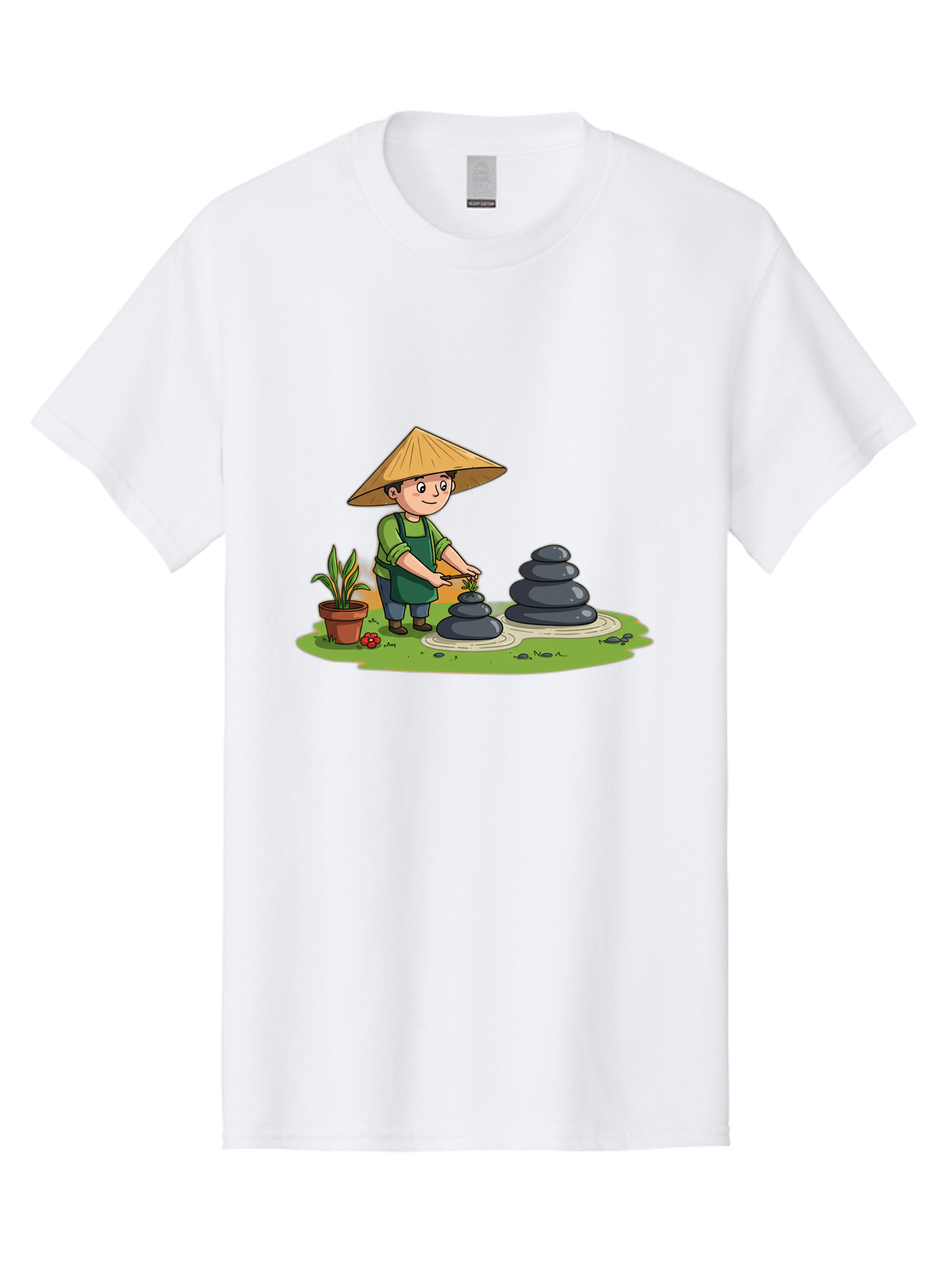 Gardener-Creating-Zen-Garden Men'S Graphic Tee, 100% Cotton, Comfortable Casual Summer Wear, Machine Washable, Gardener Wearing Traditional Hat, Stacking Stones, Zen Garden, Peaceful Atmosphere, Outdoor Scenery, Natural Beauty, Gardening, Baa714