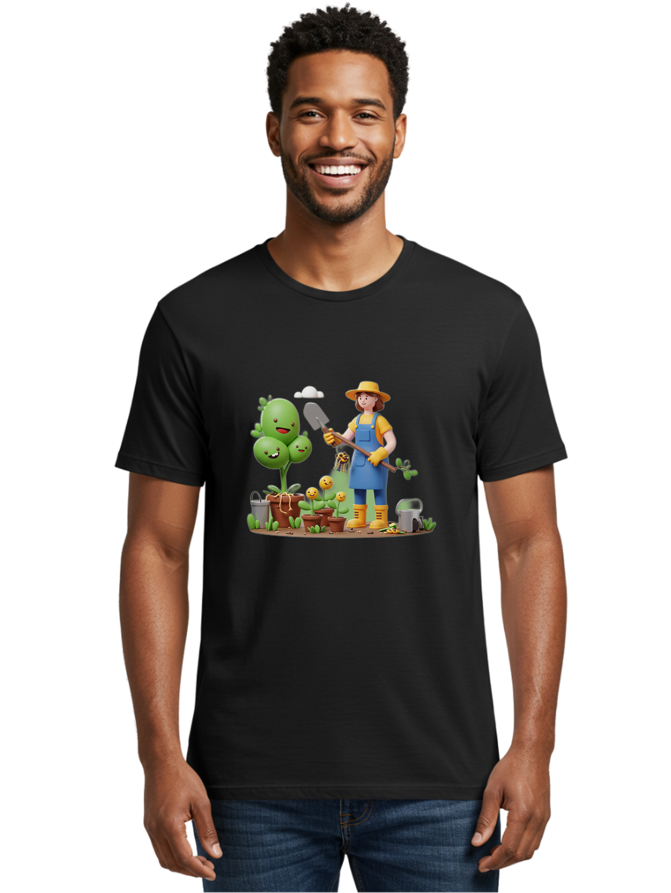 Gardener-With-Cartoon-Plants Men'S Graphic Tee, 100% Cotton, Comfortable Casual Summer Wear, Machine Washable, Cartoon Gardener, Gardening Tools, Potted Plants, Smiling Plants, Gardening Gloves, Watering Can, Gardening Overalls, Baa717