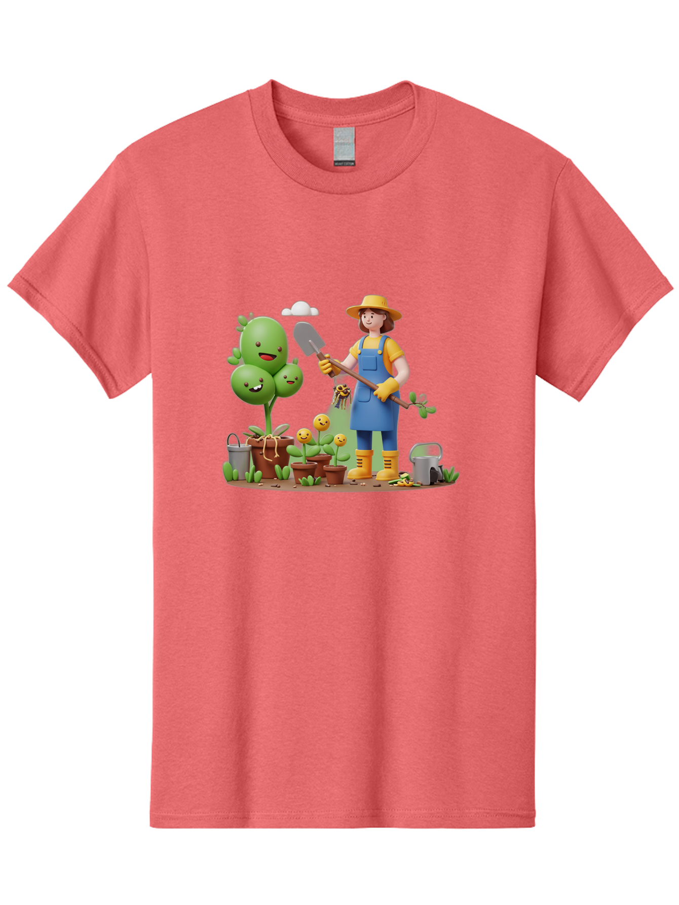 Gardener-With-Cartoon-Plants Men'S Graphic Tee, 100% Cotton, Comfortable Casual Summer Wear, Machine Washable, Cartoon Gardener, Gardening Tools, Potted Plants, Smiling Plants, Gardening Gloves, Watering Can, Gardening Overalls, Baa717