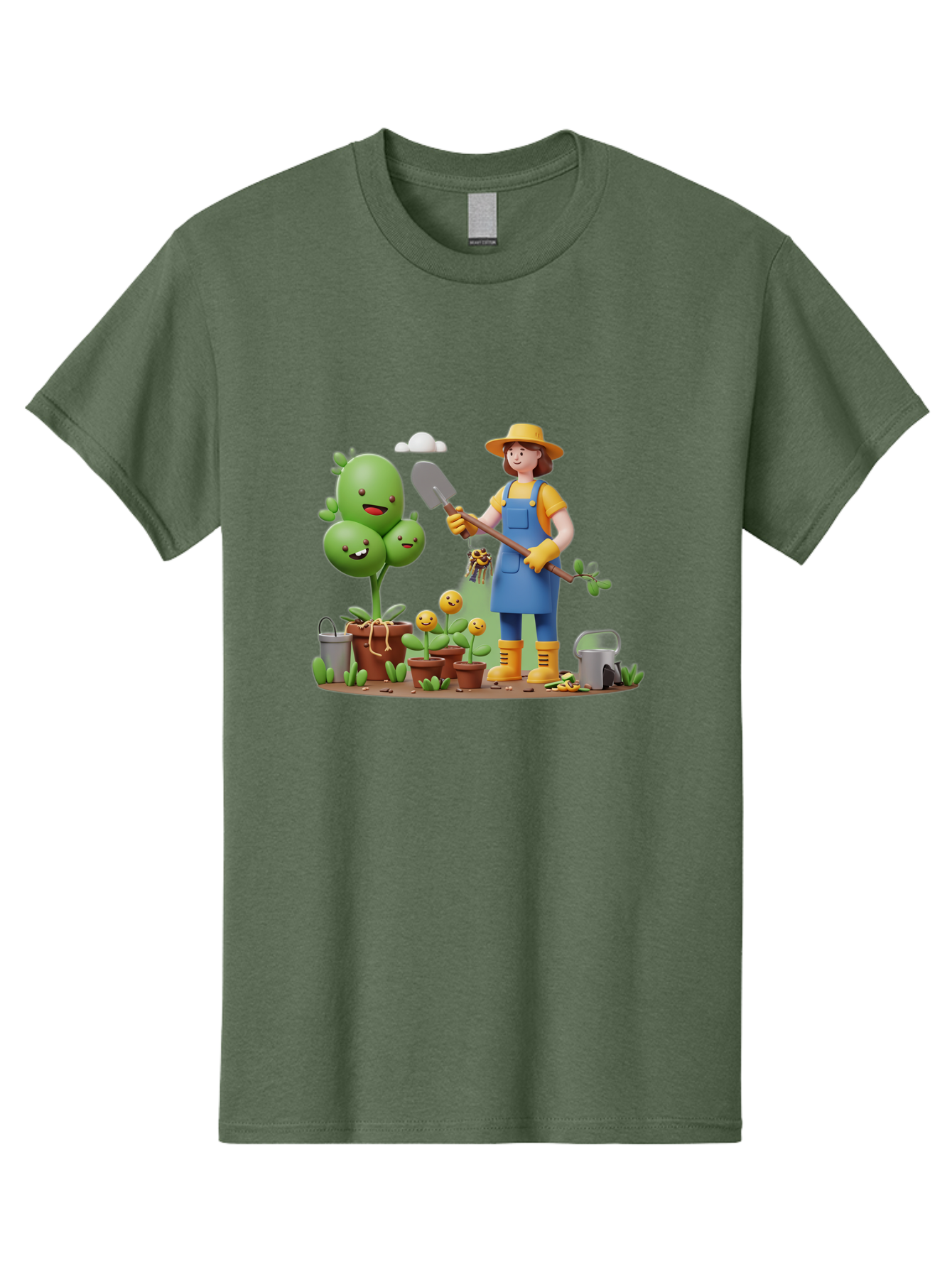 Gardener-With-Cartoon-Plants Men'S Graphic Tee, 100% Cotton, Comfortable Casual Summer Wear, Machine Washable, Cartoon Gardener, Gardening Tools, Potted Plants, Smiling Plants, Gardening Gloves, Watering Can, Gardening Overalls, Baa717