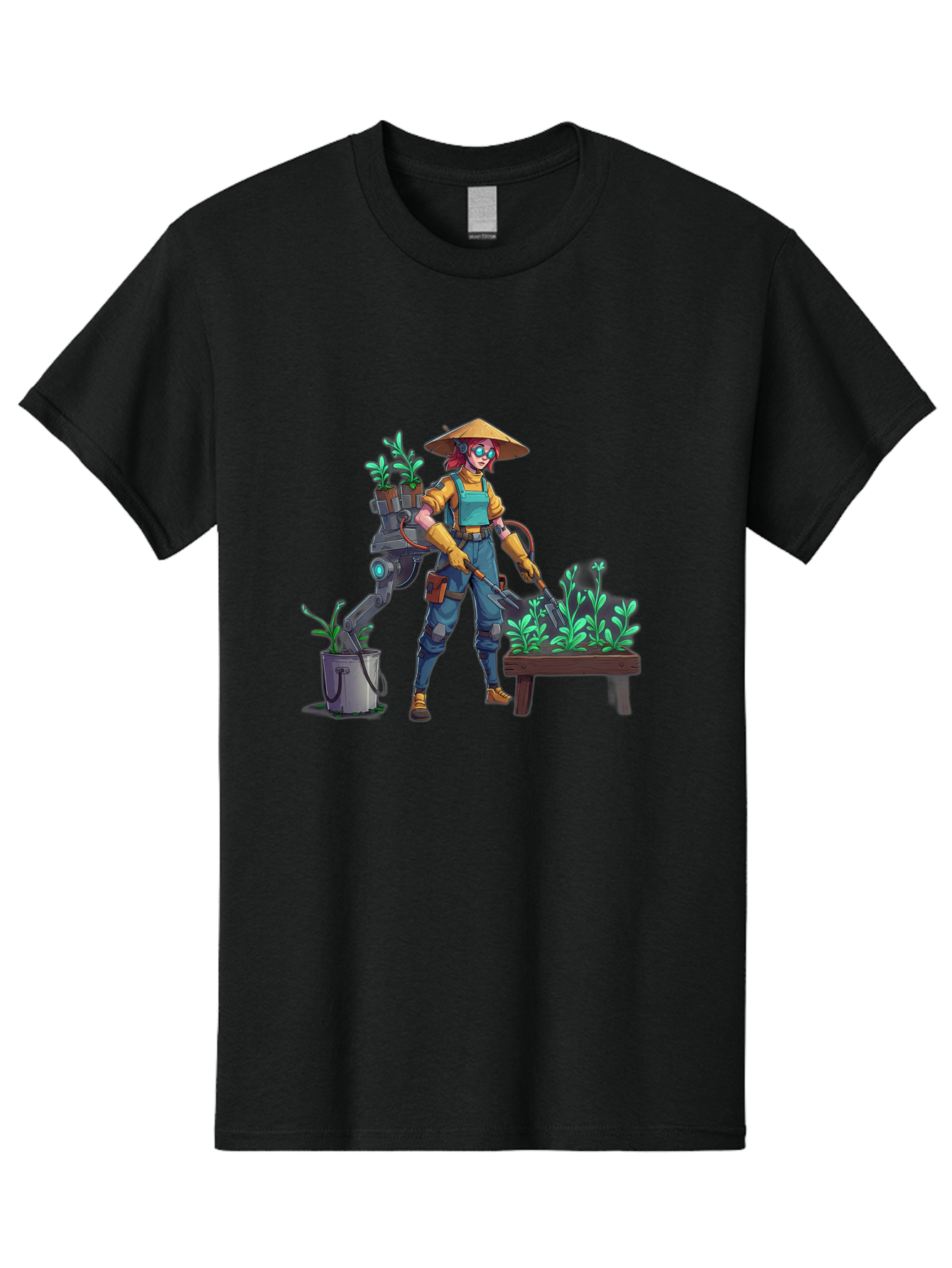 Gardener-With-Robot Men'S Graphic Tee, 100% Cotton, Comfortable Casual Summer Wear, Machine Washable, Female Farmer, Gardening Tools, Robotic Assistant, Green Plants, Potted Plants, Water Hose, Gardening Apron, Conical Hat, Farming Technology, Baa718