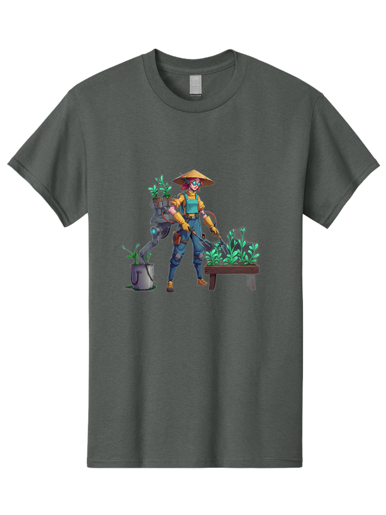 Gardener-With-Robot Men'S Graphic Tee, 100% Cotton, Comfortable Casual Summer Wear, Machine Washable, Female Farmer, Gardening Tools, Robotic Assistant, Green Plants, Potted Plants, Water Hose, Gardening Apron, Conical Hat, Farming Technology, Baa718