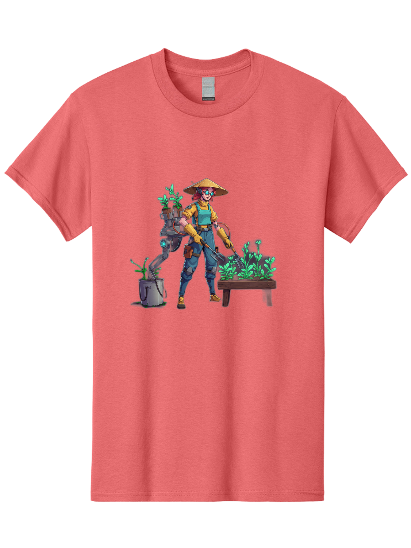 Gardener-With-Robot Men'S Graphic Tee, 100% Cotton, Comfortable Casual Summer Wear, Machine Washable, Female Farmer, Gardening Tools, Robotic Assistant, Green Plants, Potted Plants, Water Hose, Gardening Apron, Conical Hat, Farming Technology, Baa718