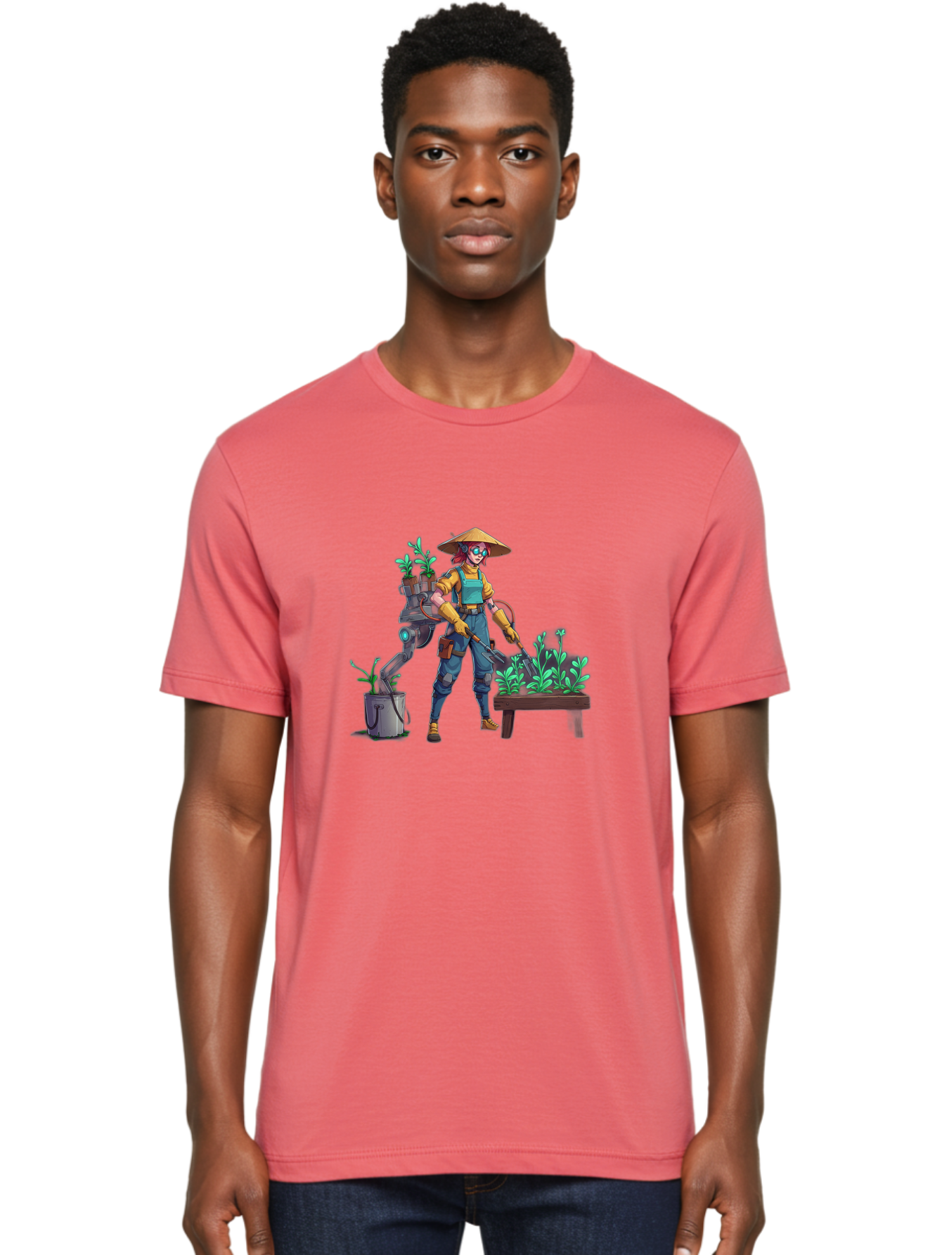 Gardener-With-Robot Men'S Graphic Tee, 100% Cotton, Comfortable Casual Summer Wear, Machine Washable, Female Farmer, Gardening Tools, Robotic Assistant, Green Plants, Potted Plants, Water Hose, Gardening Apron, Conical Hat, Farming Technology, Baa718