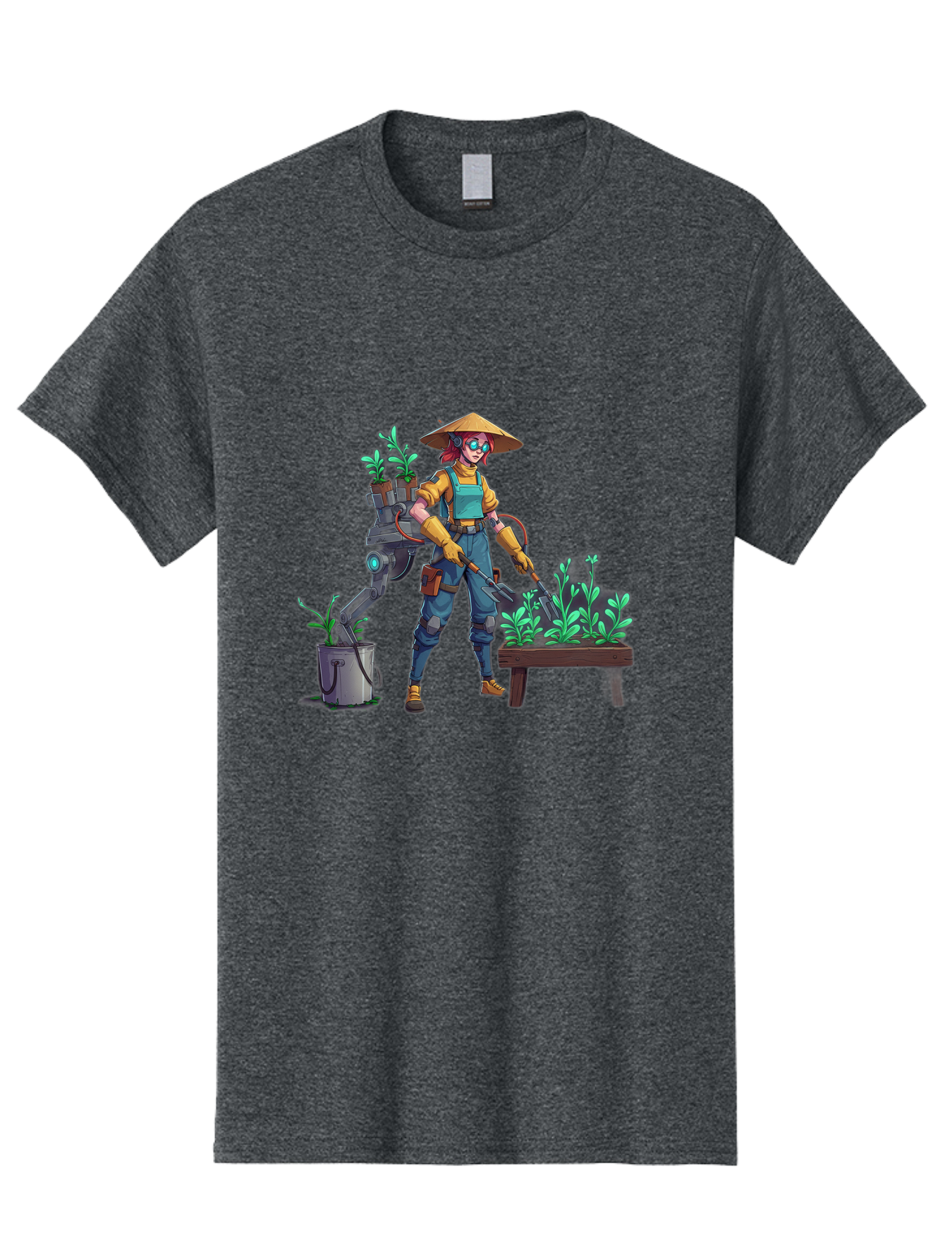 Gardener-With-Robot Men'S Graphic Tee, 100% Cotton, Comfortable Casual Summer Wear, Machine Washable, Female Farmer, Gardening Tools, Robotic Assistant, Green Plants, Potted Plants, Water Hose, Gardening Apron, Conical Hat, Farming Technology, Baa718