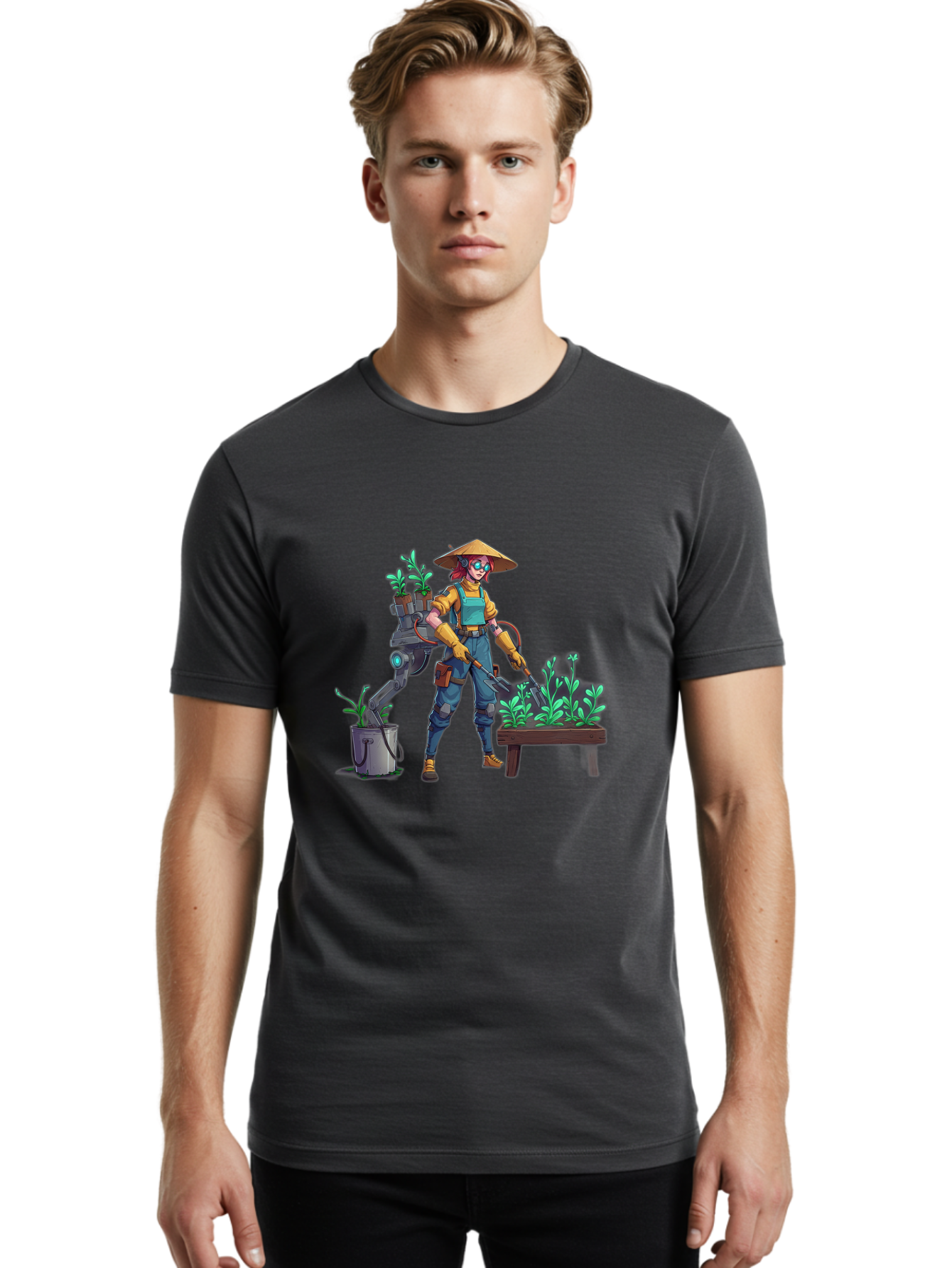 Gardener-With-Robot Men'S Graphic Tee, 100% Cotton, Comfortable Casual Summer Wear, Machine Washable, Female Farmer, Gardening Tools, Robotic Assistant, Green Plants, Potted Plants, Water Hose, Gardening Apron, Conical Hat, Farming Technology, Baa718