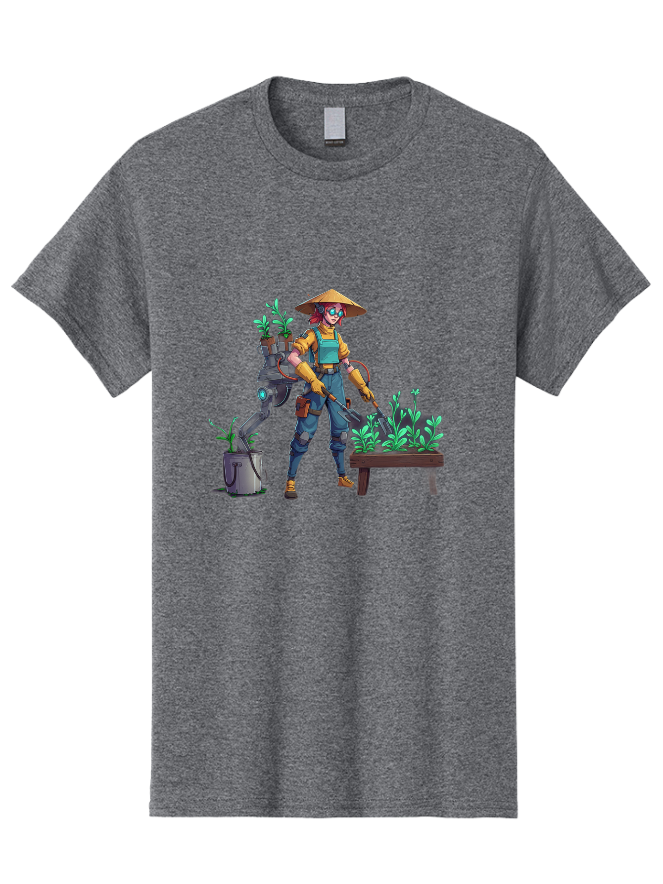 Gardener-With-Robot Men'S Graphic Tee, 100% Cotton, Comfortable Casual Summer Wear, Machine Washable, Female Farmer, Gardening Tools, Robotic Assistant, Green Plants, Potted Plants, Water Hose, Gardening Apron, Conical Hat, Farming Technology, Baa718