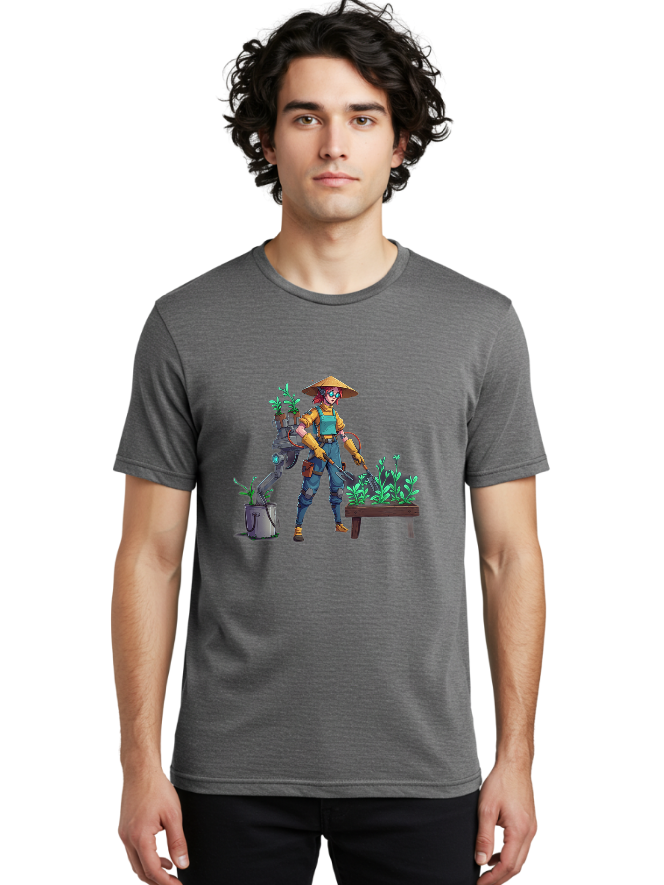 Gardener-With-Robot Men'S Graphic Tee, 100% Cotton, Comfortable Casual Summer Wear, Machine Washable, Female Farmer, Gardening Tools, Robotic Assistant, Green Plants, Potted Plants, Water Hose, Gardening Apron, Conical Hat, Farming Technology, Baa718