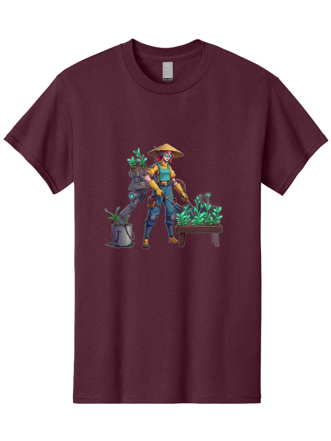 Gardener-With-Robot Men'S Graphic Tee, 100% Cotton, Comfortable Casual Summer Wear, Machine Washable, Female Farmer, Gardening Tools, Robotic Assistant, Green Plants, Potted Plants, Water Hose, Gardening Apron, Conical Hat, Farming Technology, Baa718