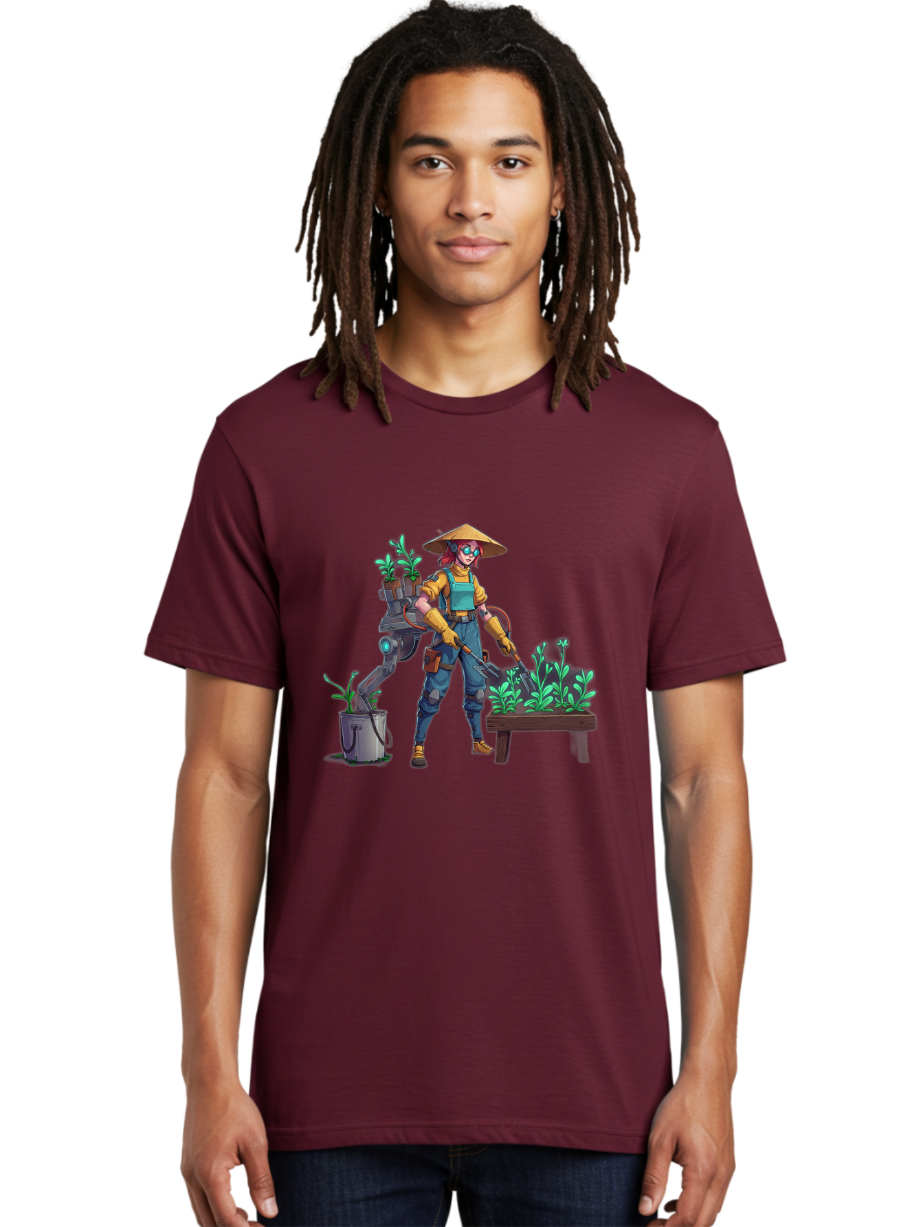 Gardener-With-Robot Men'S Graphic Tee, 100% Cotton, Comfortable Casual Summer Wear, Machine Washable, Female Farmer, Gardening Tools, Robotic Assistant, Green Plants, Potted Plants, Water Hose, Gardening Apron, Conical Hat, Farming Technology, Baa718