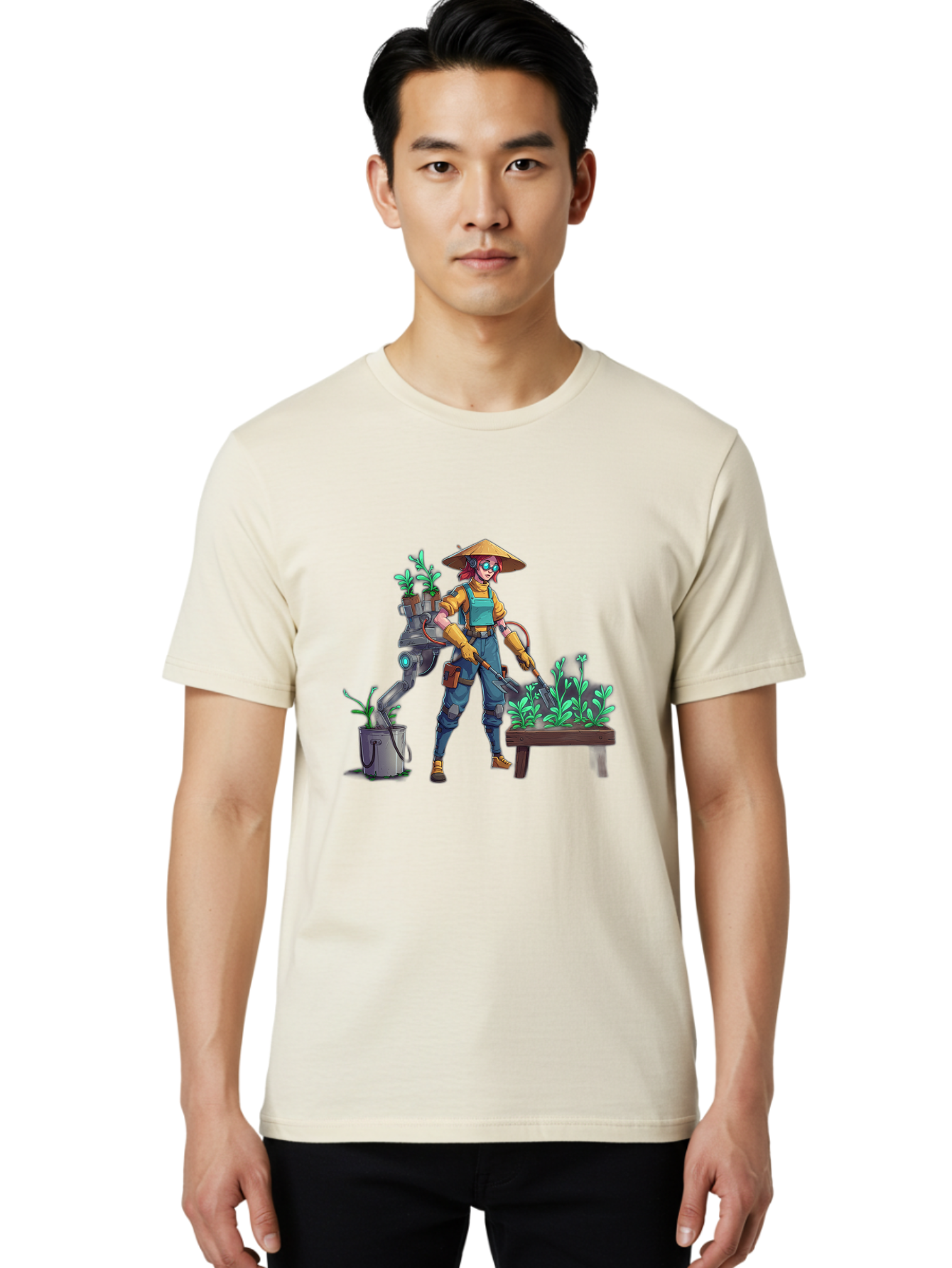 Gardener-With-Robot Men'S Graphic Tee, 100% Cotton, Comfortable Casual Summer Wear, Machine Washable, Female Farmer, Gardening Tools, Robotic Assistant, Green Plants, Potted Plants, Water Hose, Gardening Apron, Conical Hat, Farming Technology, Baa718