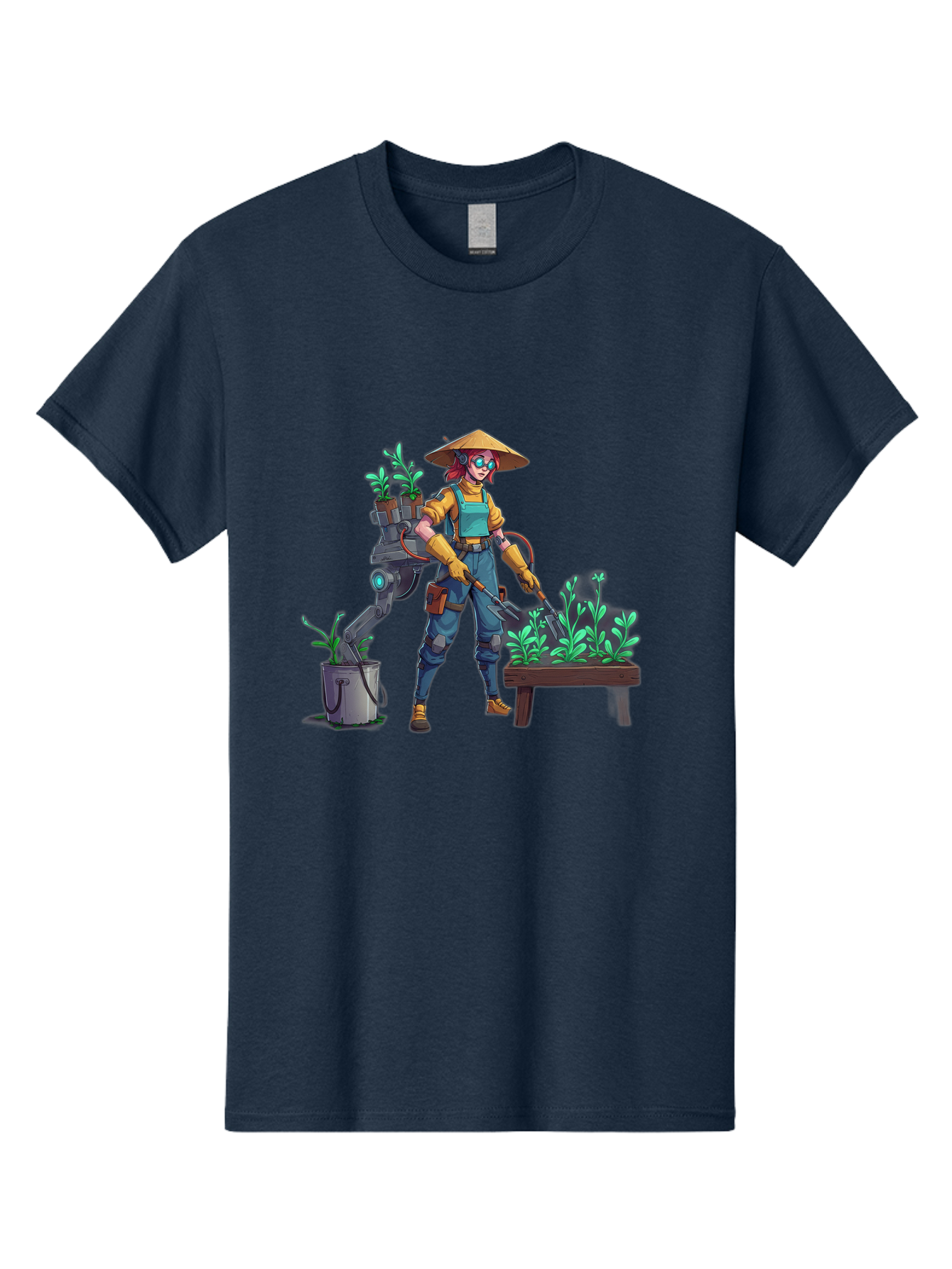 Gardener-With-Robot Men'S Graphic Tee, 100% Cotton, Comfortable Casual Summer Wear, Machine Washable, Female Farmer, Gardening Tools, Robotic Assistant, Green Plants, Potted Plants, Water Hose, Gardening Apron, Conical Hat, Farming Technology, Baa718