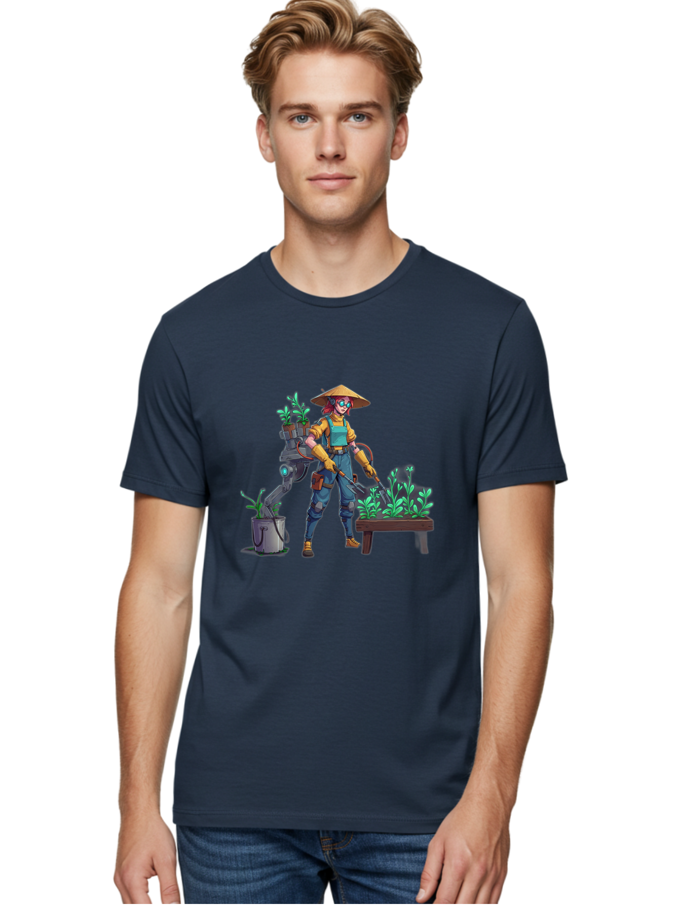 Gardener-With-Robot Men'S Graphic Tee, 100% Cotton, Comfortable Casual Summer Wear, Machine Washable, Female Farmer, Gardening Tools, Robotic Assistant, Green Plants, Potted Plants, Water Hose, Gardening Apron, Conical Hat, Farming Technology, Baa718