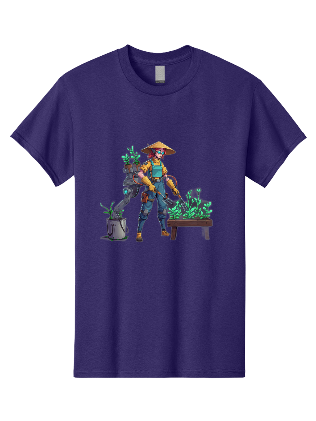 Gardener-With-Robot Men'S Graphic Tee, 100% Cotton, Comfortable Casual Summer Wear, Machine Washable, Female Farmer, Gardening Tools, Robotic Assistant, Green Plants, Potted Plants, Water Hose, Gardening Apron, Conical Hat, Farming Technology, Baa718