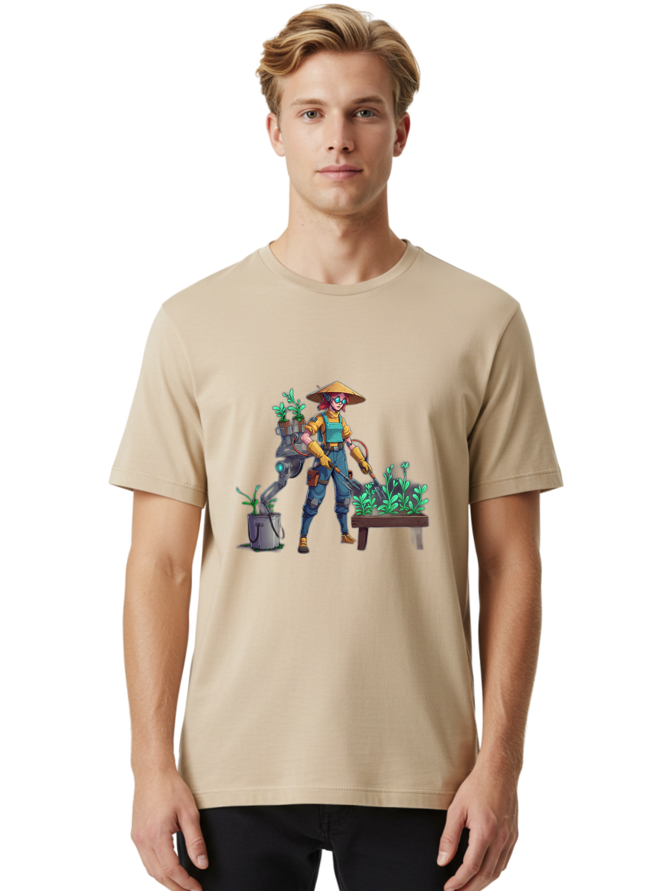 Gardener-With-Robot Men'S Graphic Tee, 100% Cotton, Comfortable Casual Summer Wear, Machine Washable, Female Farmer, Gardening Tools, Robotic Assistant, Green Plants, Potted Plants, Water Hose, Gardening Apron, Conical Hat, Farming Technology, Baa718