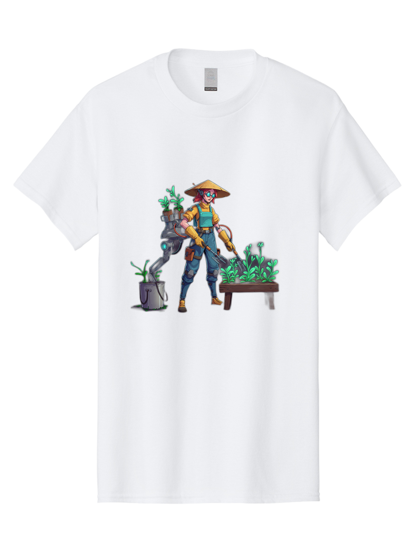 Gardener-With-Robot Men'S Graphic Tee, 100% Cotton, Comfortable Casual Summer Wear, Machine Washable, Female Farmer, Gardening Tools, Robotic Assistant, Green Plants, Potted Plants, Water Hose, Gardening Apron, Conical Hat, Farming Technology, Baa718